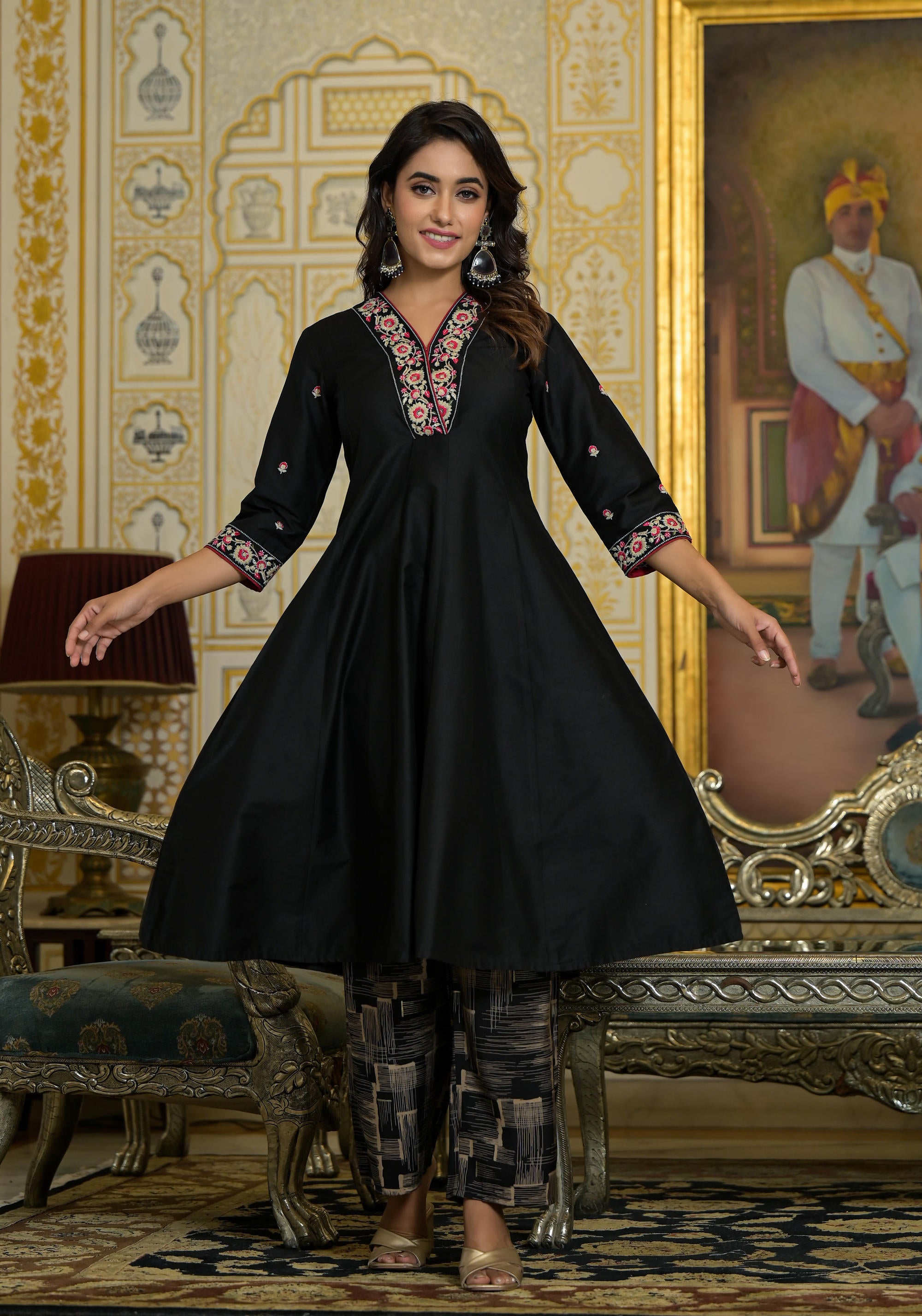 Black Thread Embroidered Viscose Kurta Pant And Dupatta Set With Abstract Printed Pants