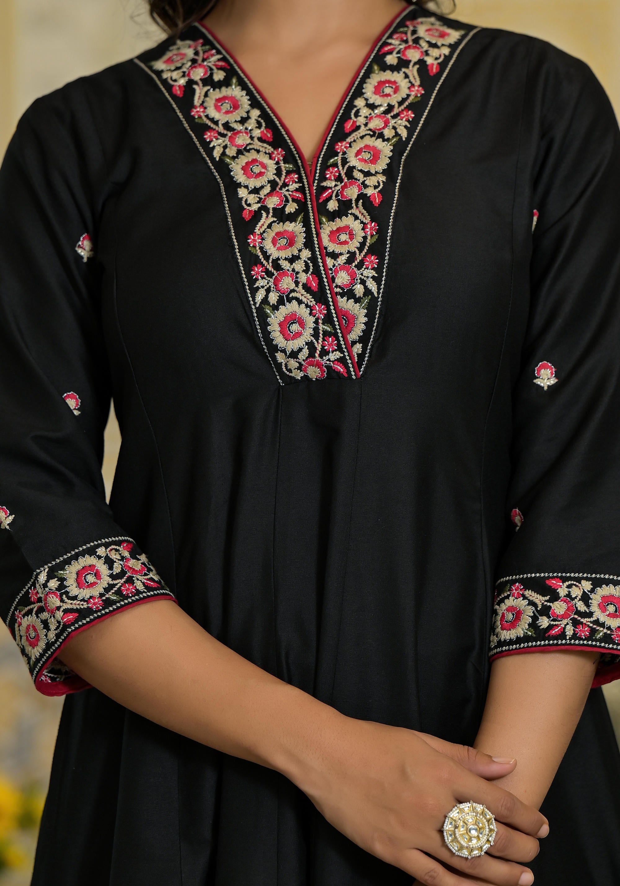 Black Thread Embroidered Viscose Kurta Pant And Dupatta Set With Abstract Printed Pants