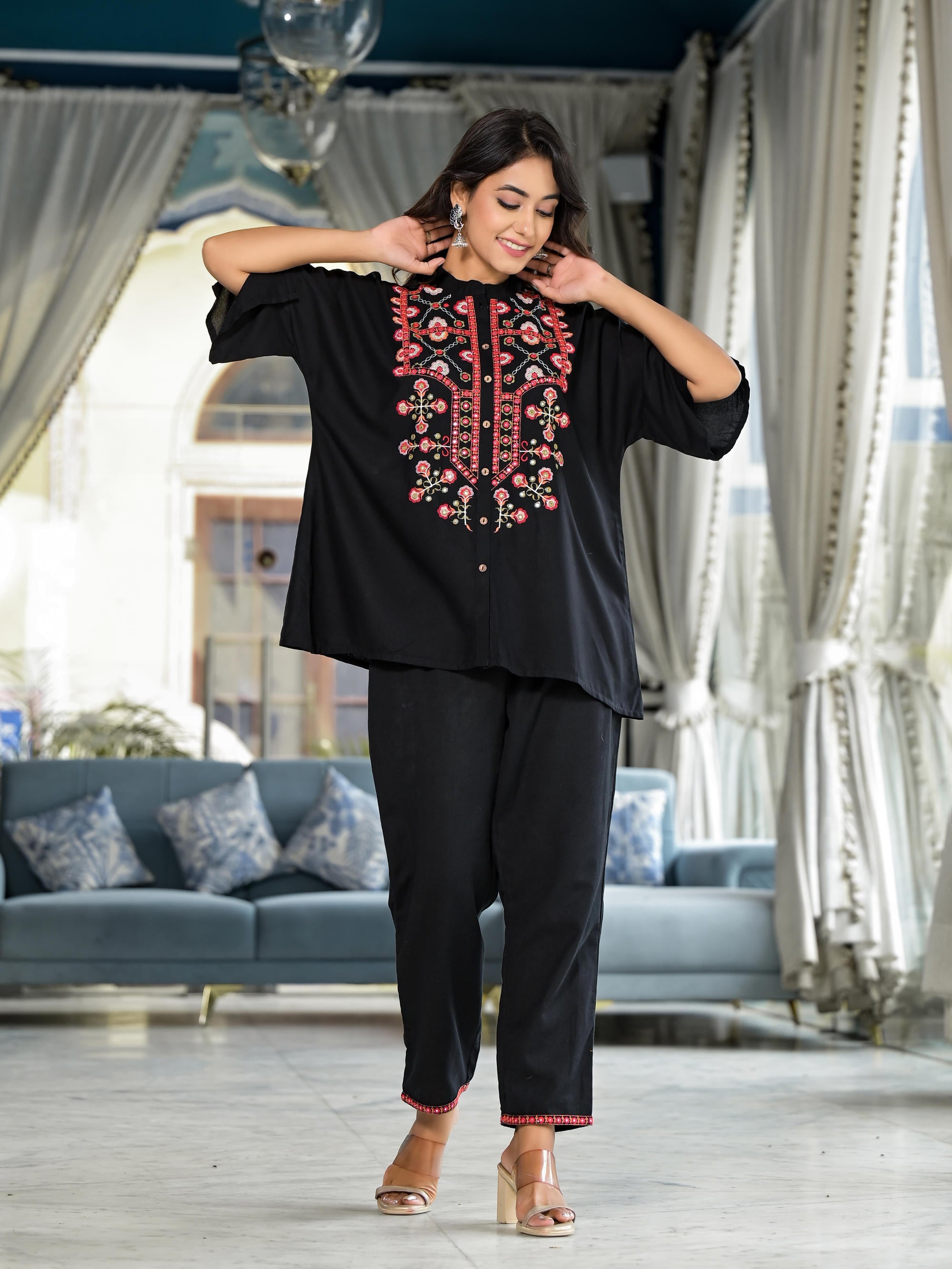 Black Thread Embroidered Liva Rayon Tunic Pant Set With Mirror Work & Buttons