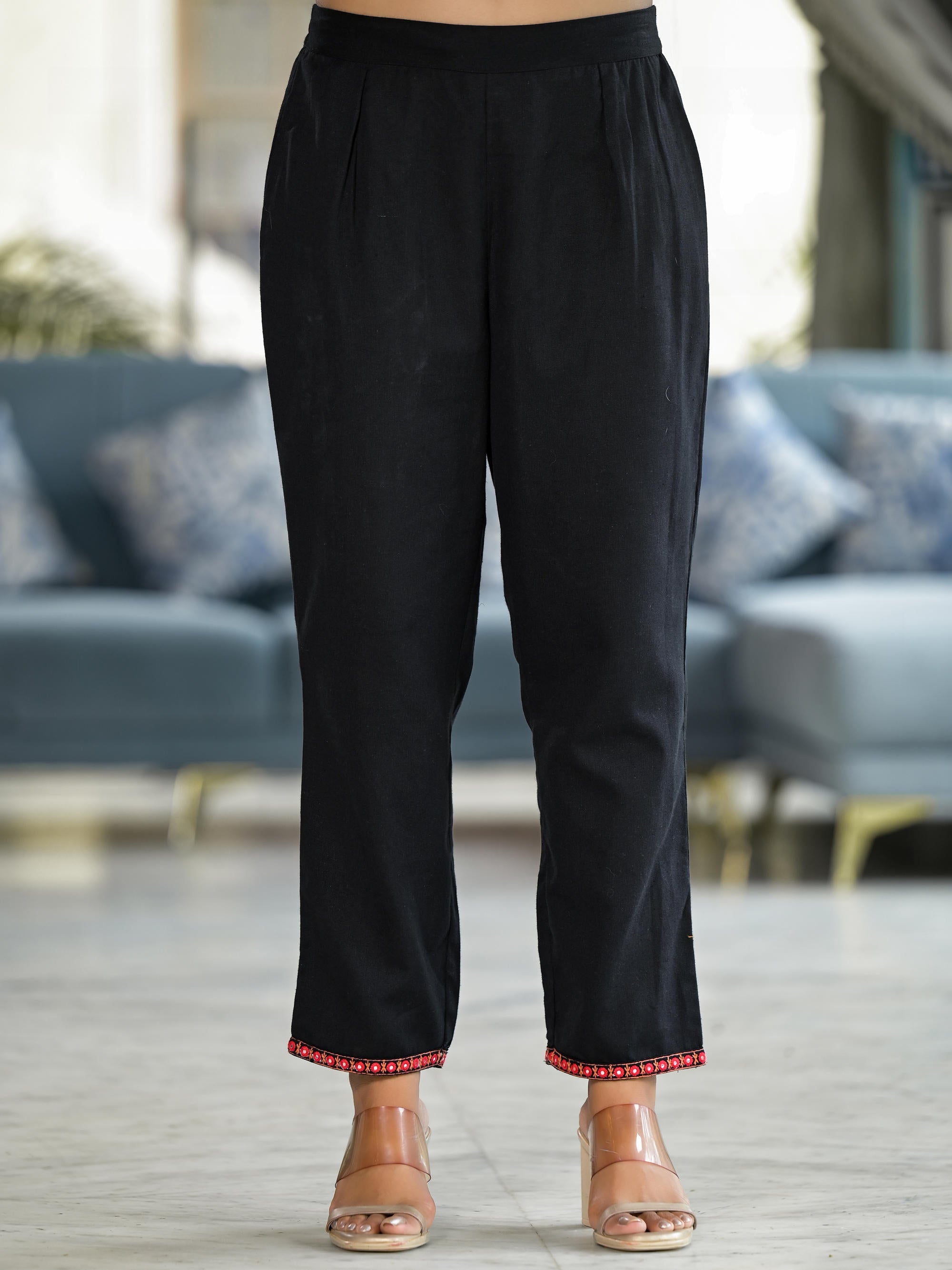 Black Thread Embroidered Liva Rayon Tunic Pant Set With Mirror Work & Buttons