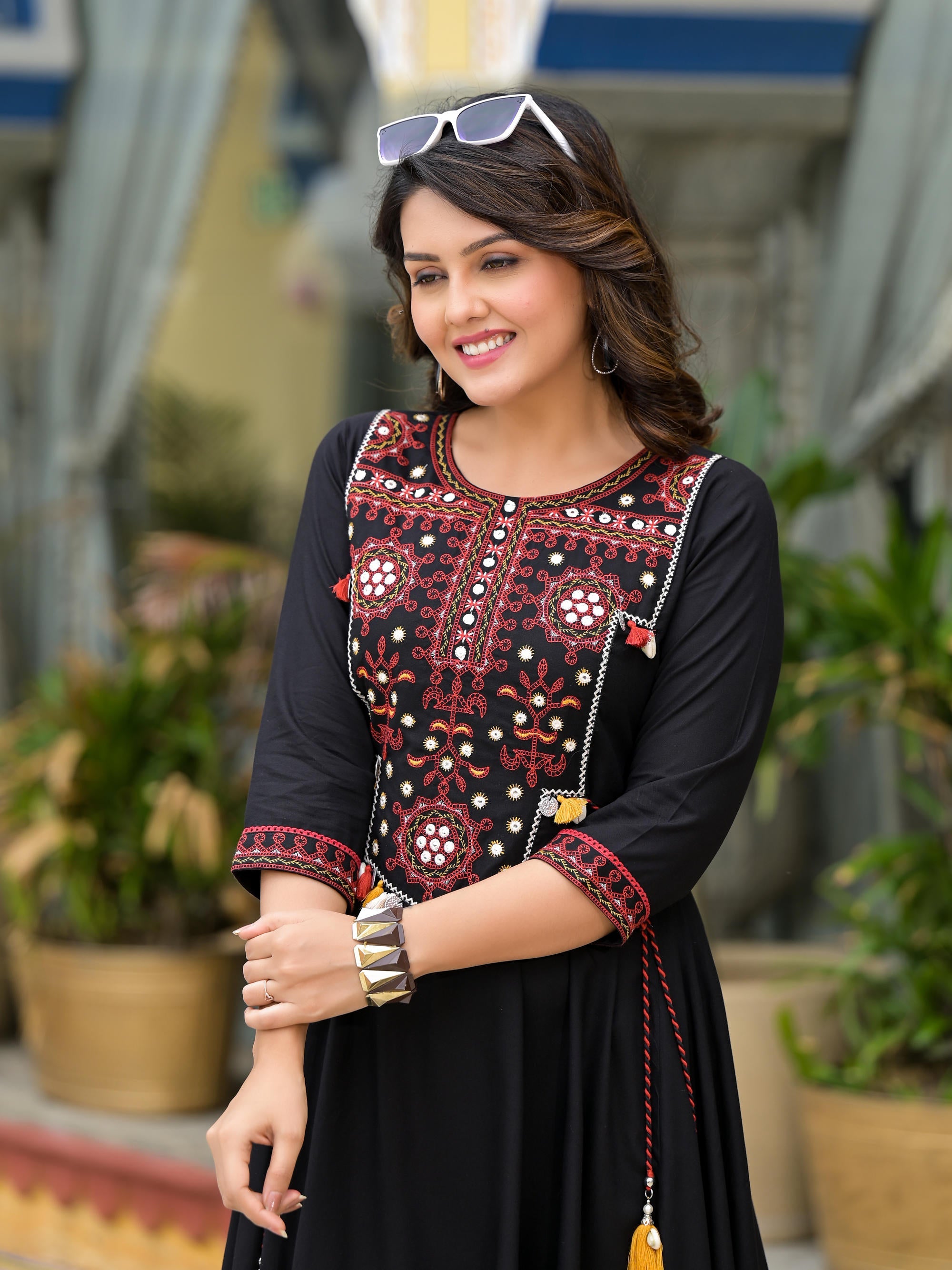 Black Thread Embroidered Liva Rayon A-line Dress With Tassel Kaudis & Doris At Waist