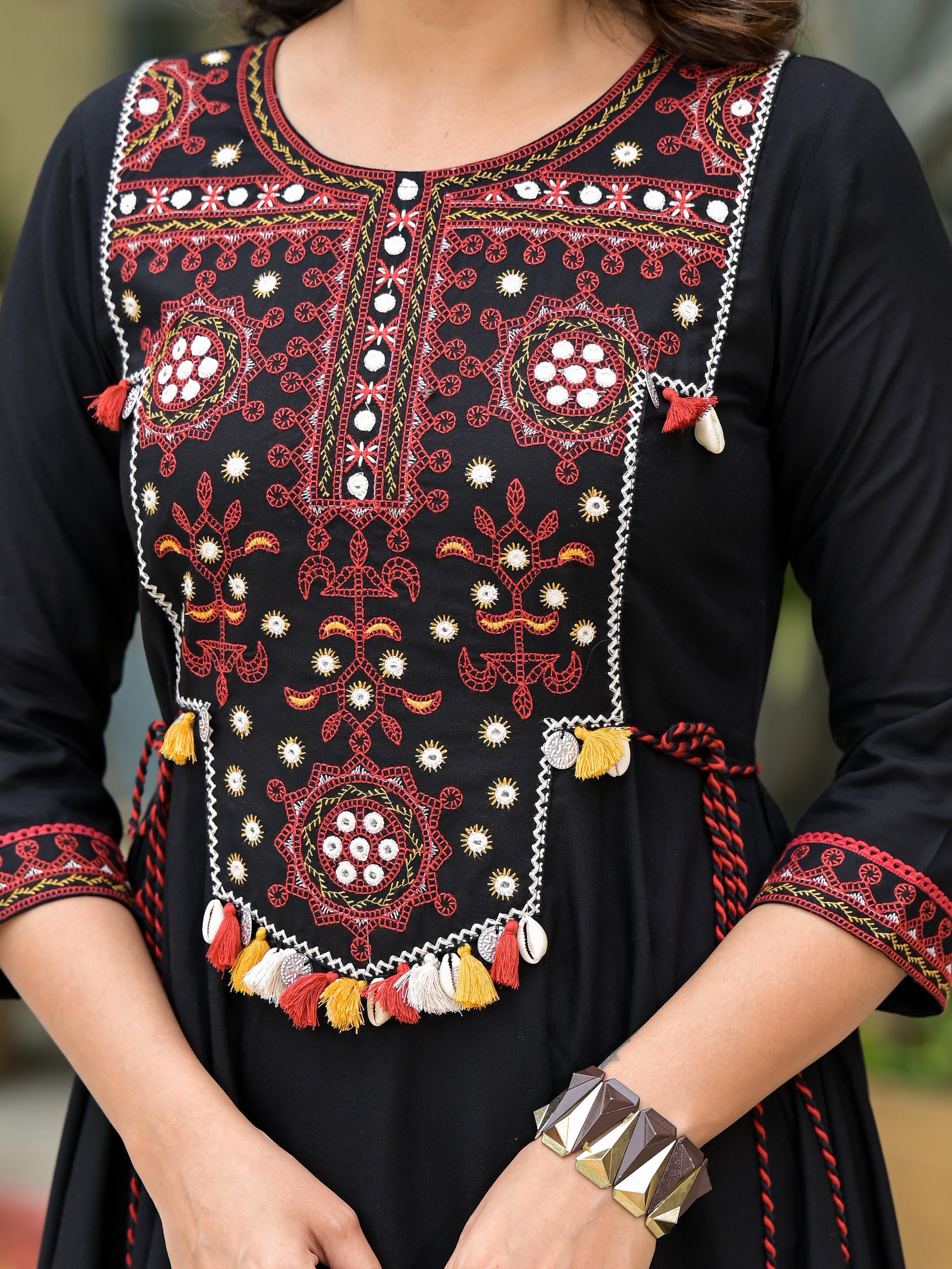 Black Thread Embroidered Liva Rayon A-line Dress With Tassel Kaudis & Doris At Waist