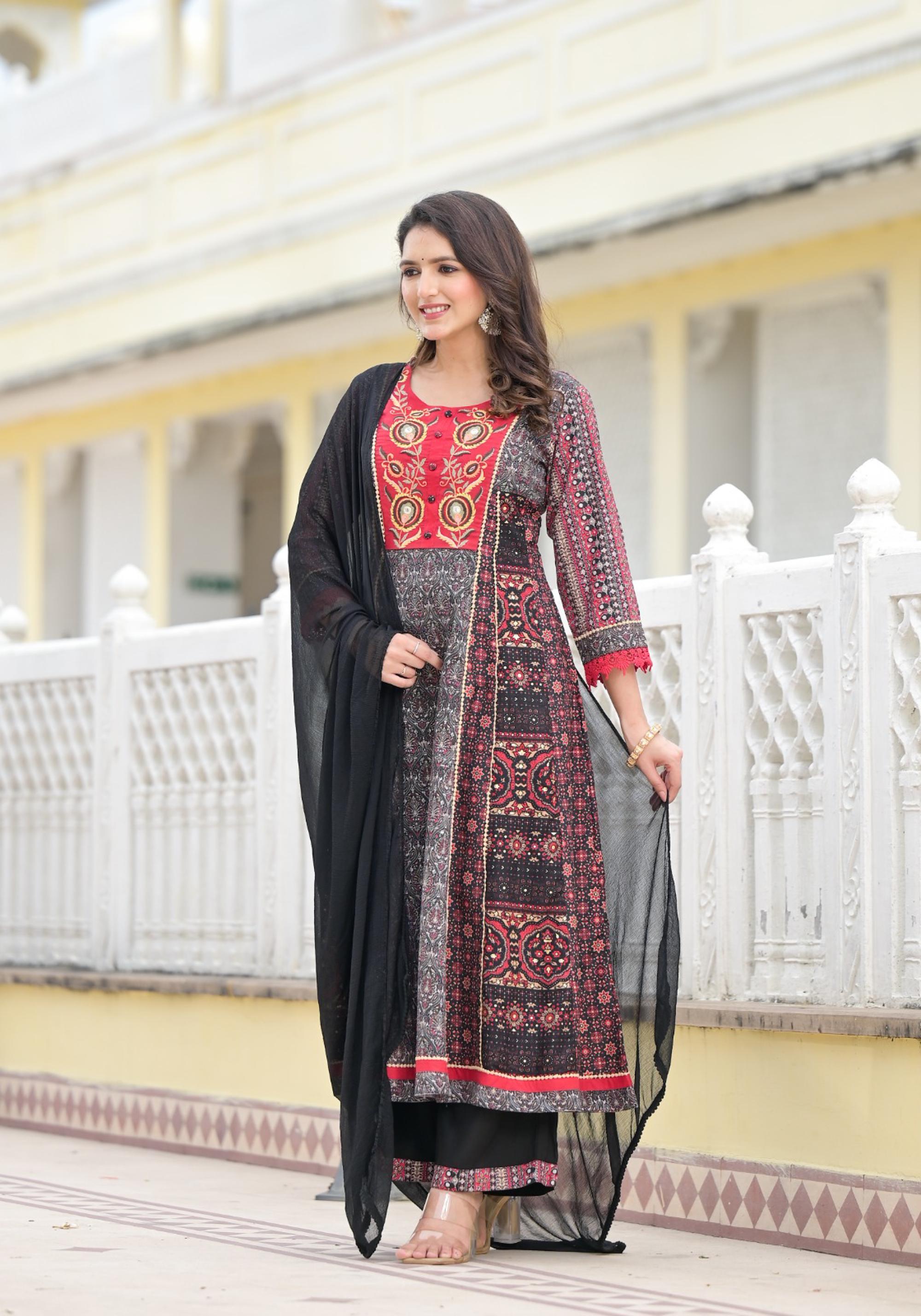 Black Ethnic Motif Printed Muslin Kurta Pant With Dupatta Set With Thread & Mirror Work