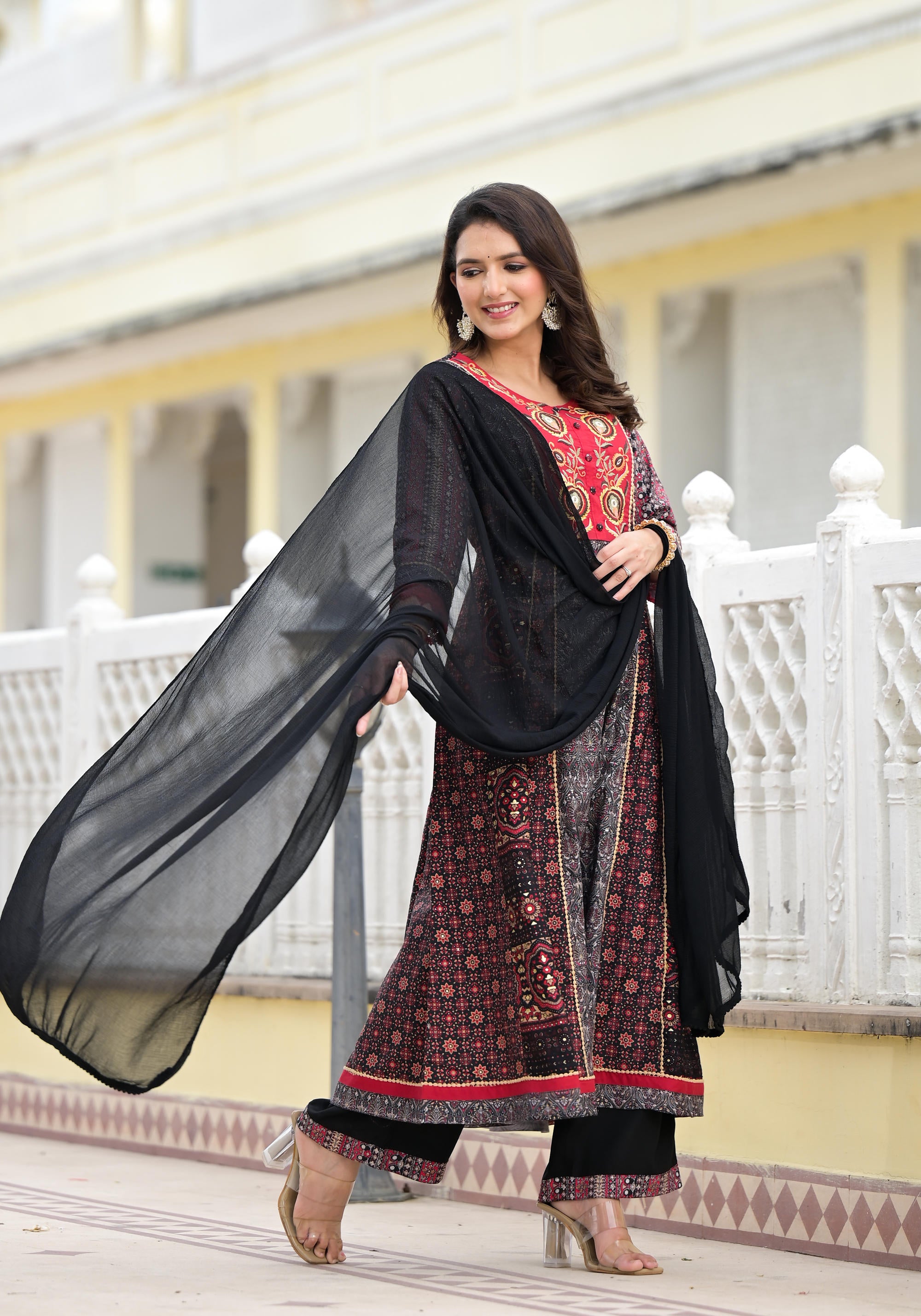 Black Ethnic Motif Printed Muslin Kurta Pant With Dupatta Set With Thread & Mirror Work