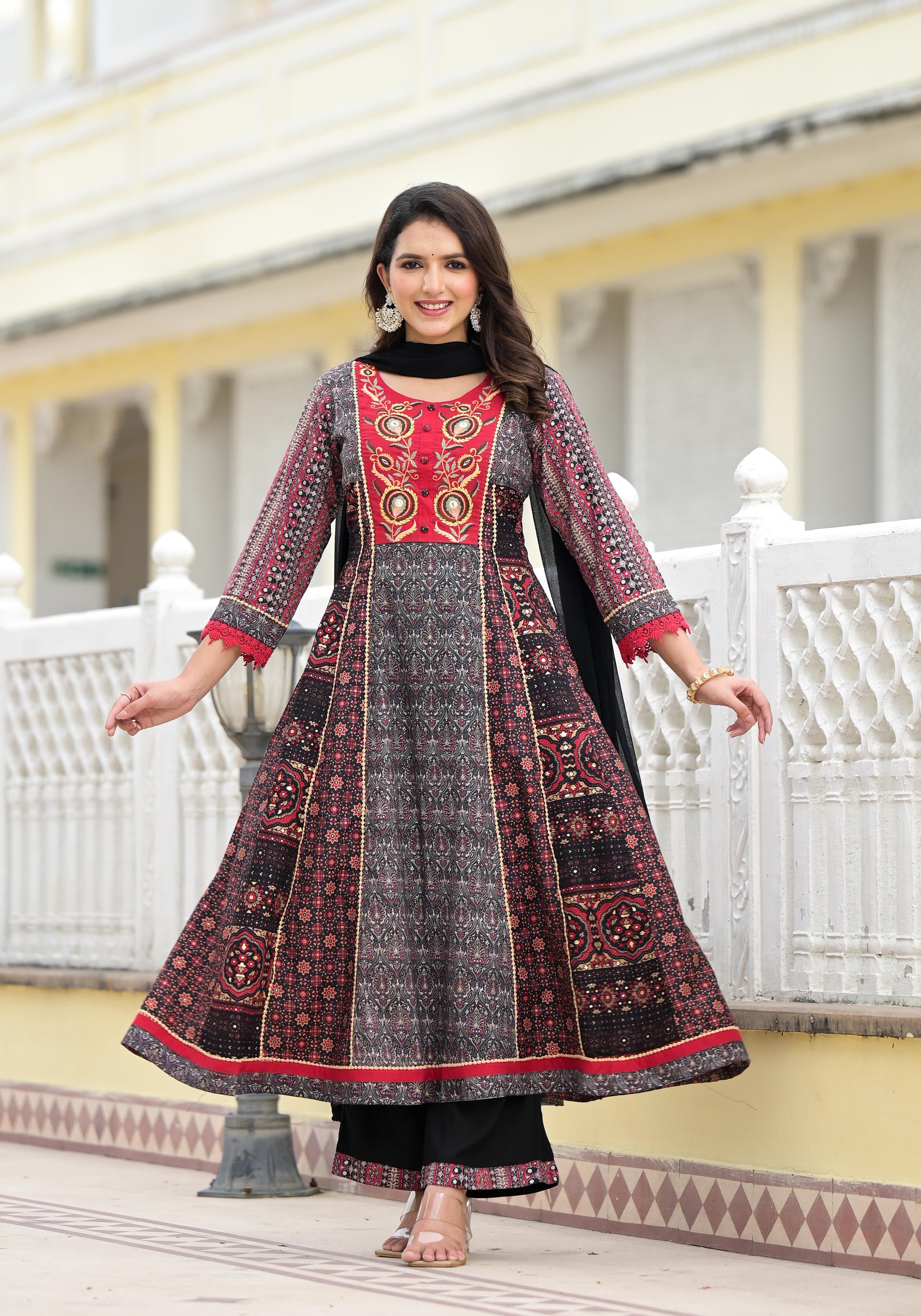 Black Ethnic Motif Printed Muslin Kurta Pant With Dupatta Set With Thread & Mirror Work