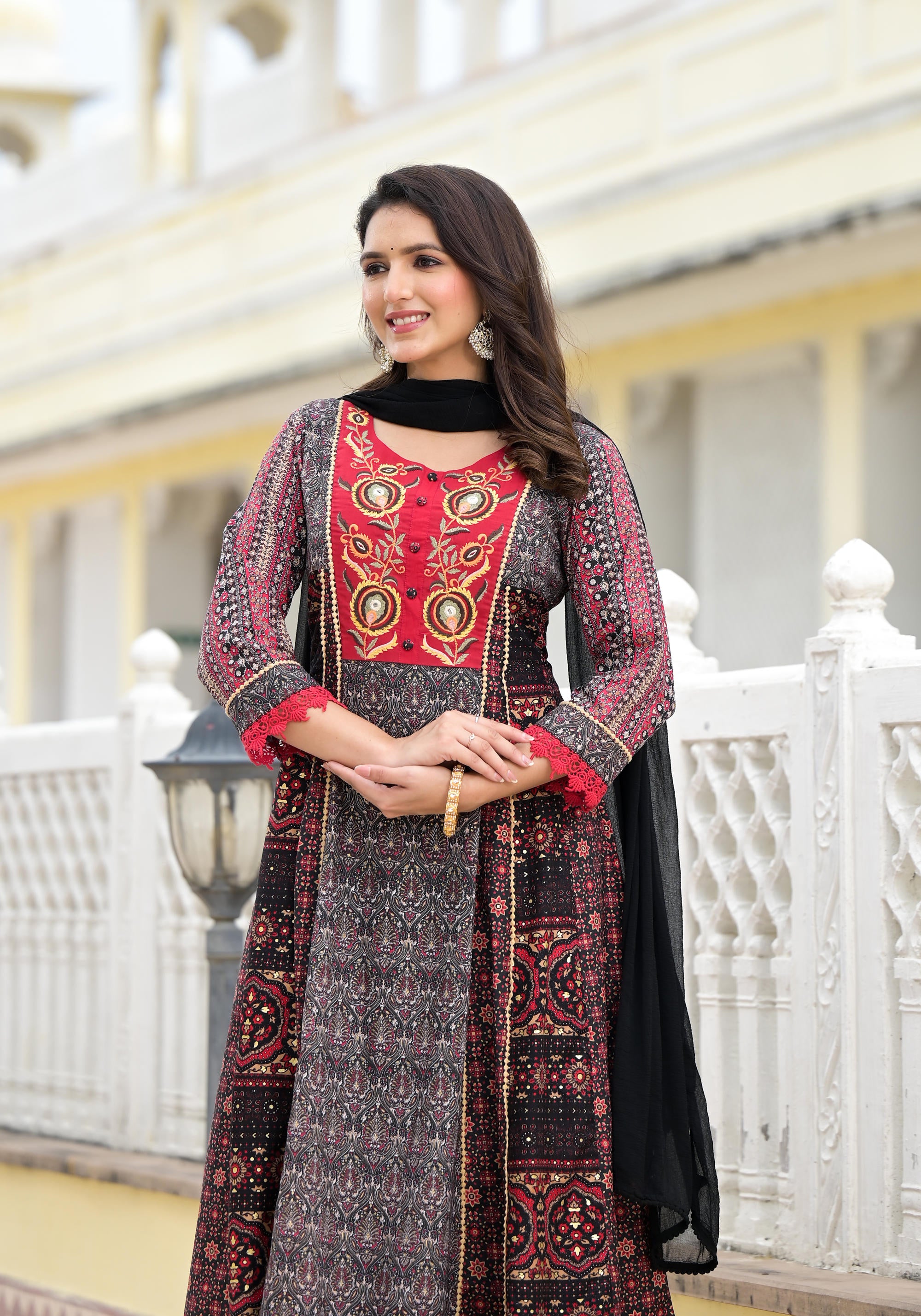 Black Ethnic Motif Printed Muslin Kurta Pant With Dupatta Set With Thread & Mirror Work