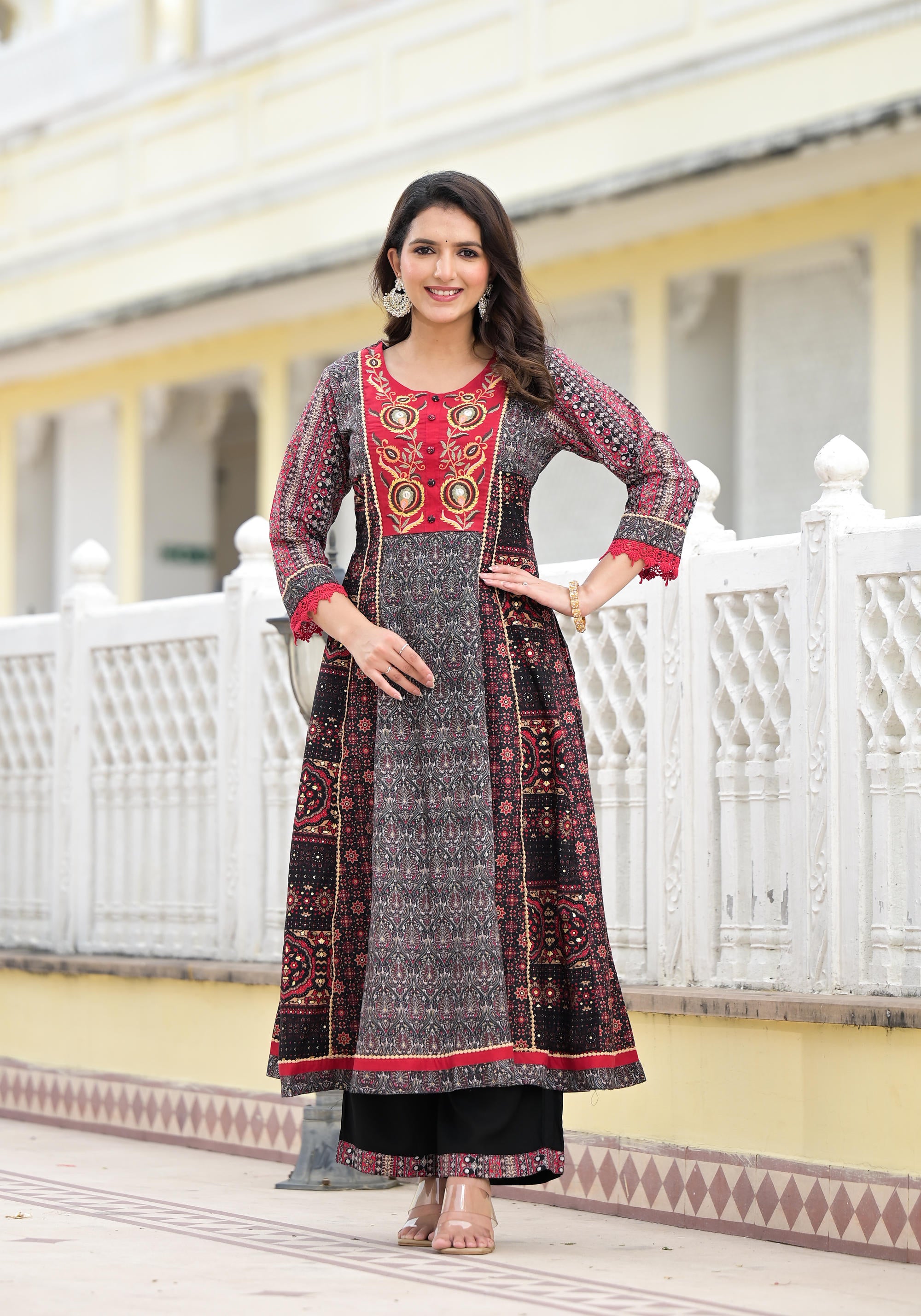 Black Ethnic Motif Printed Muslin Kurta Pant With Dupatta Set With Thread & Mirror Work