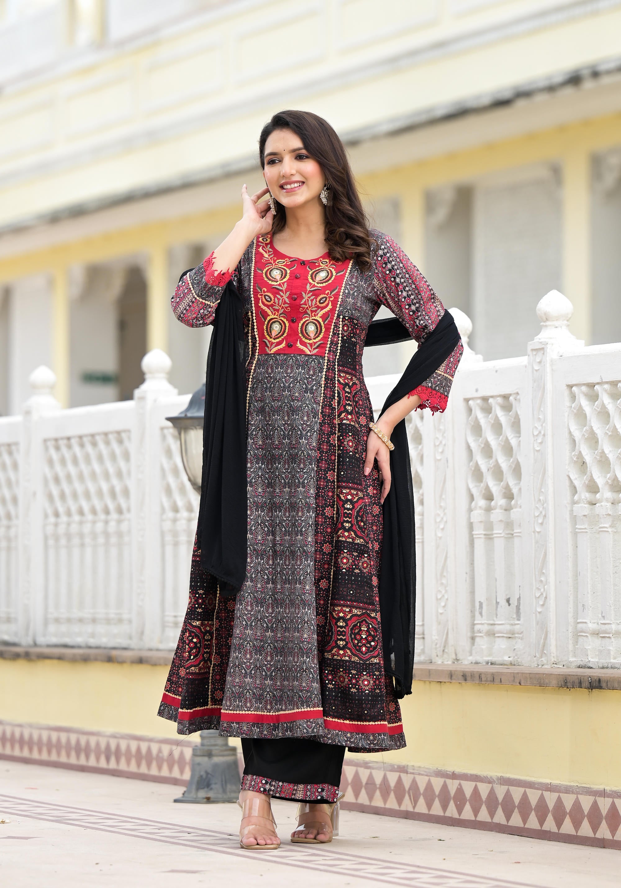 Black Ethnic Motif Printed Muslin Kurta Pant With Dupatta Set With Thread & Mirror Work