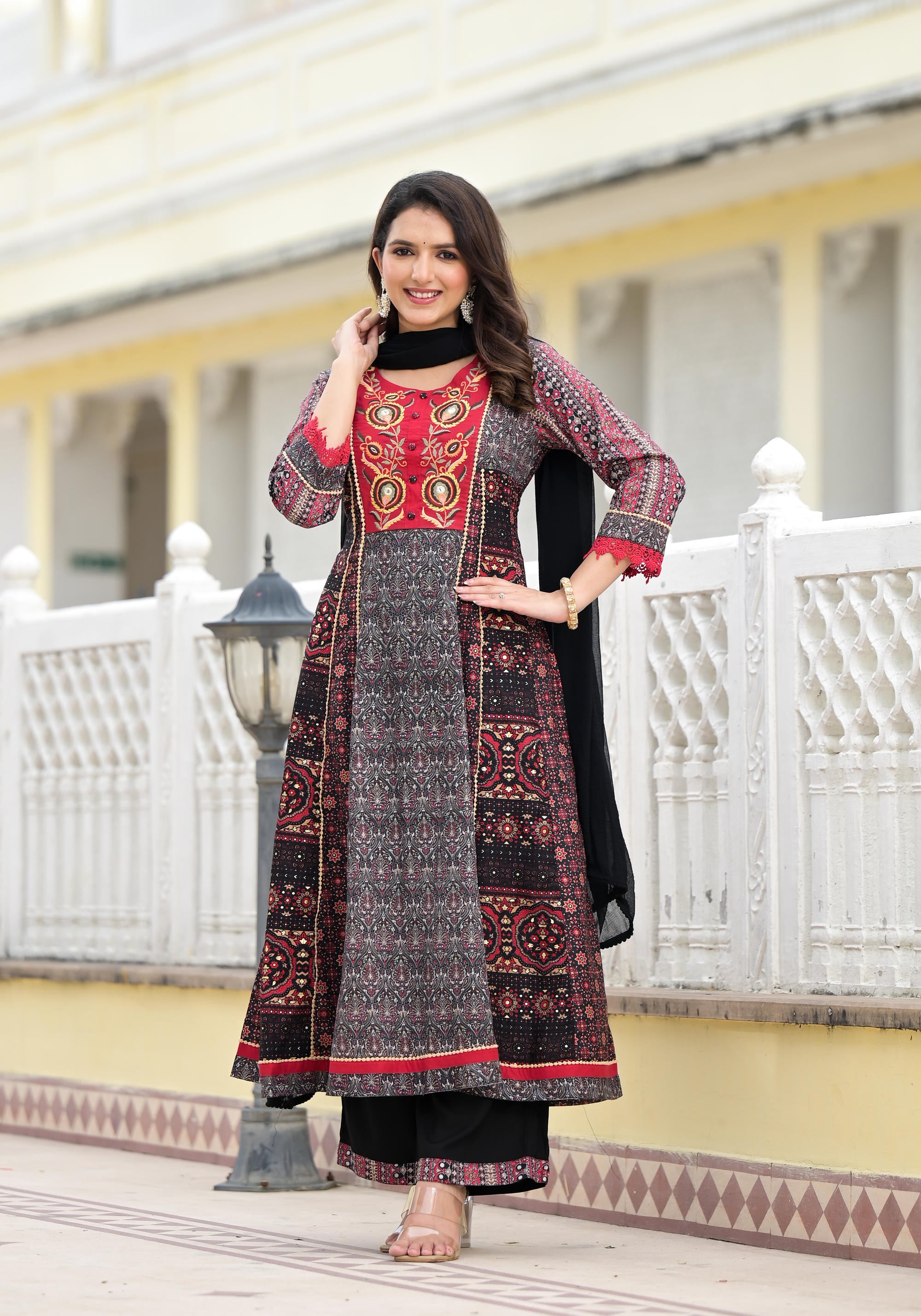 Black Ethnic Motif Printed Muslin Kurta Pant With Dupatta Set With Thread & Mirror Work