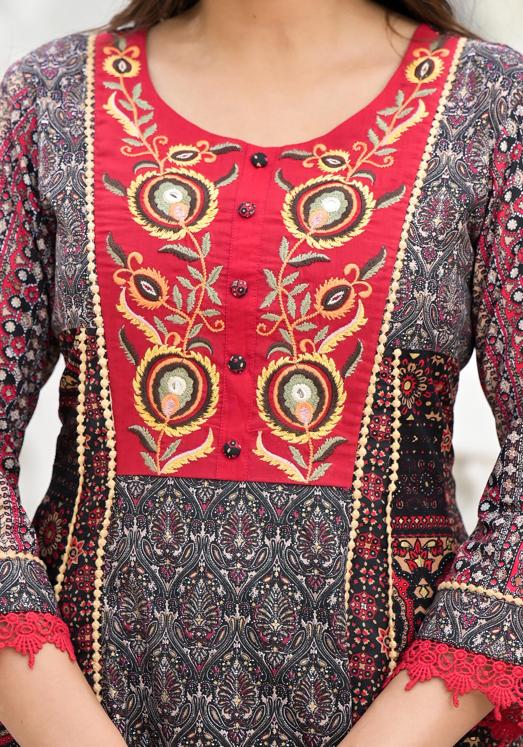 Black Ethnic Motif Printed Muslin Kurta Pant With Dupatta Set With Thread & Mirror Work