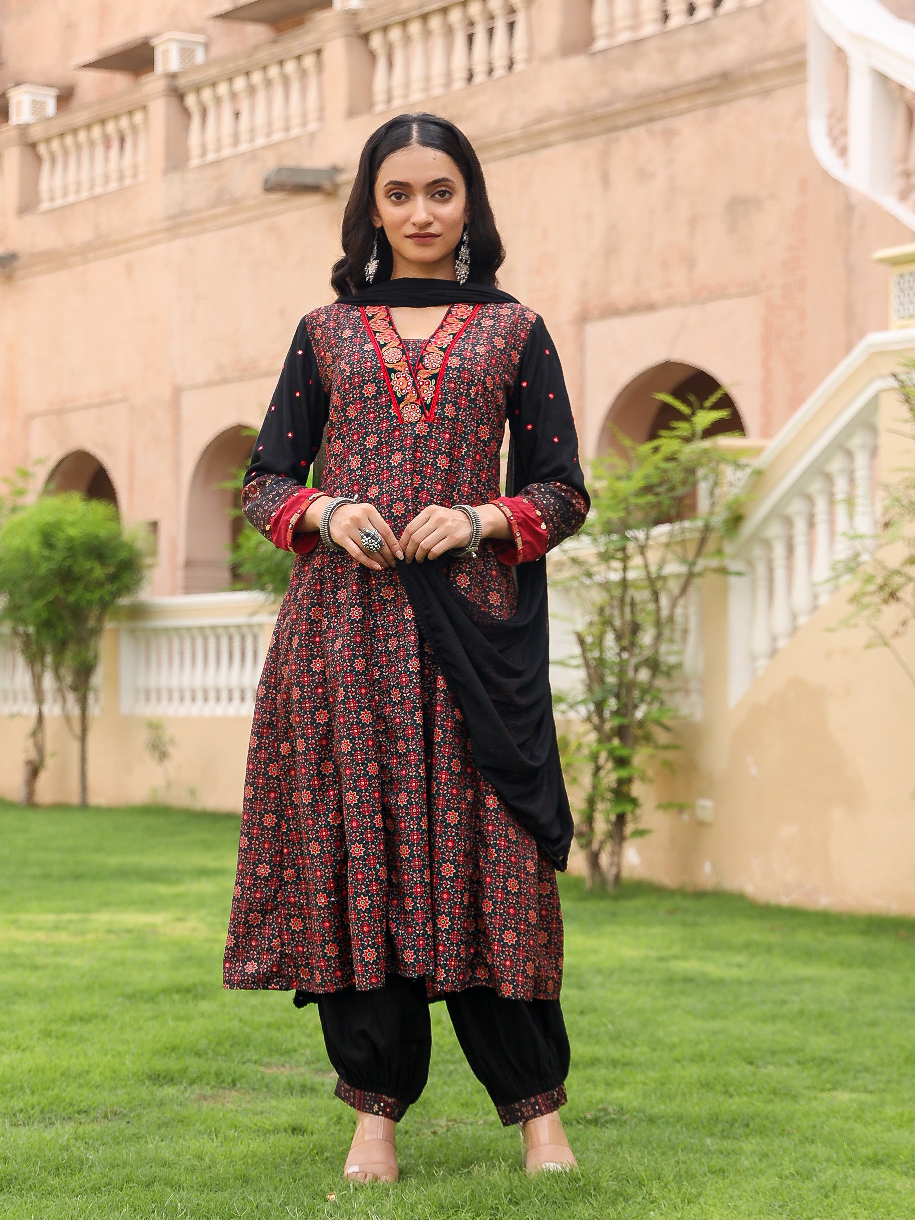 The Mahautsavam Black Ethnic Motif Printed Muslin Kurta Pant And Dupatta With Thread & Mirror Work