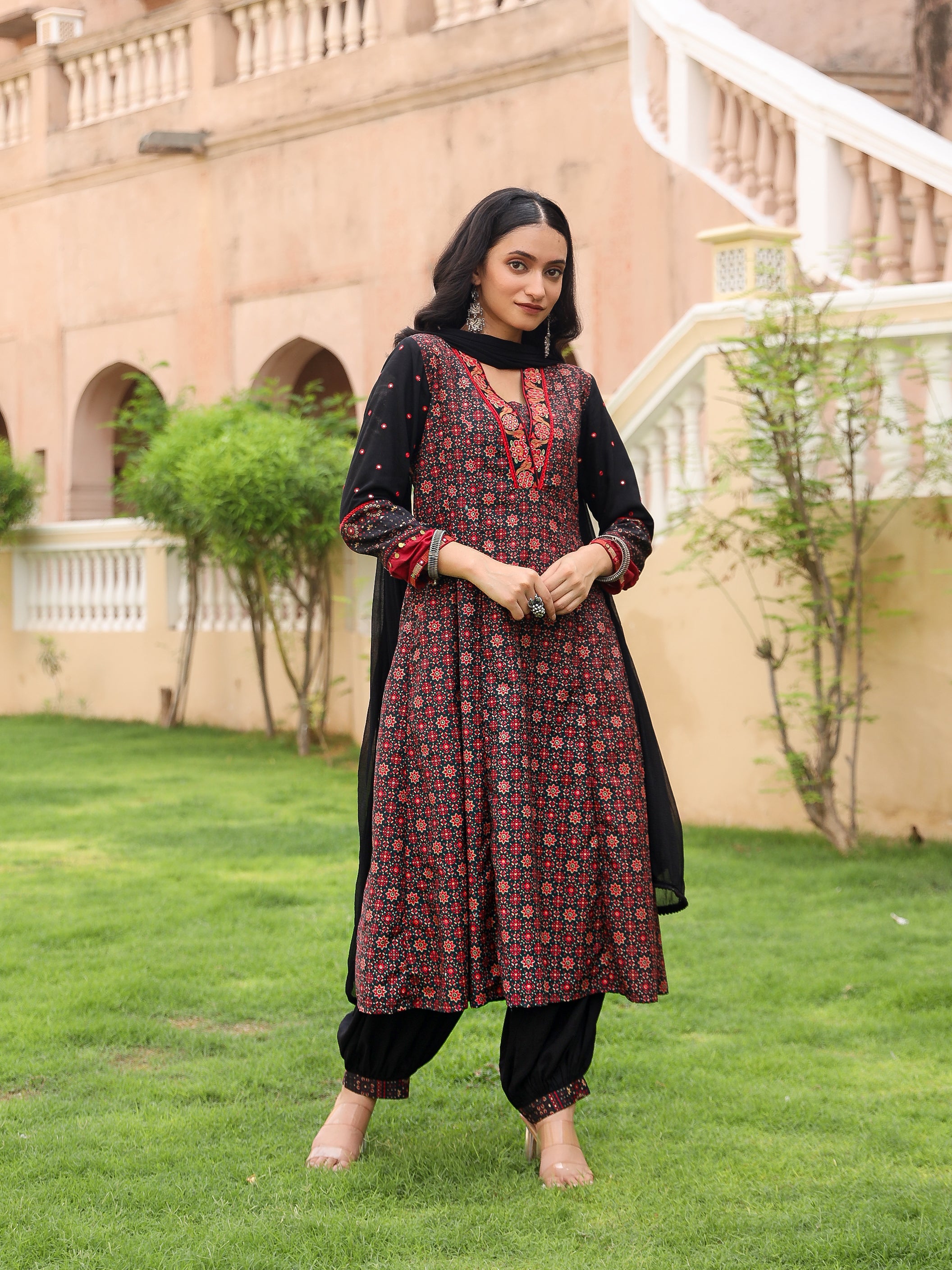 The Mahautsavam Black Ethnic Motif Printed Muslin Kurta Pant And Dupatta With Thread & Mirror Work