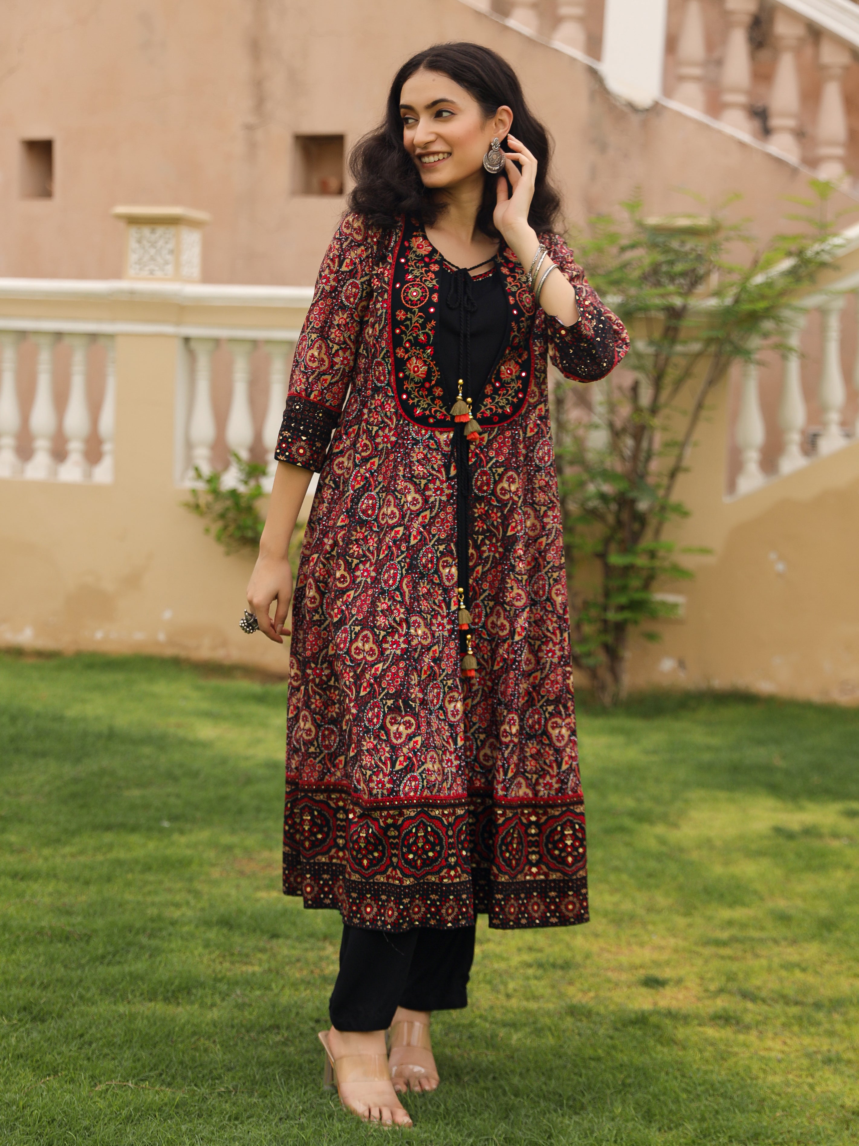 The Patang Black Ethnic Motif Printed Muslin Shrug Inner & Pant Set With Thread & Mirror Work