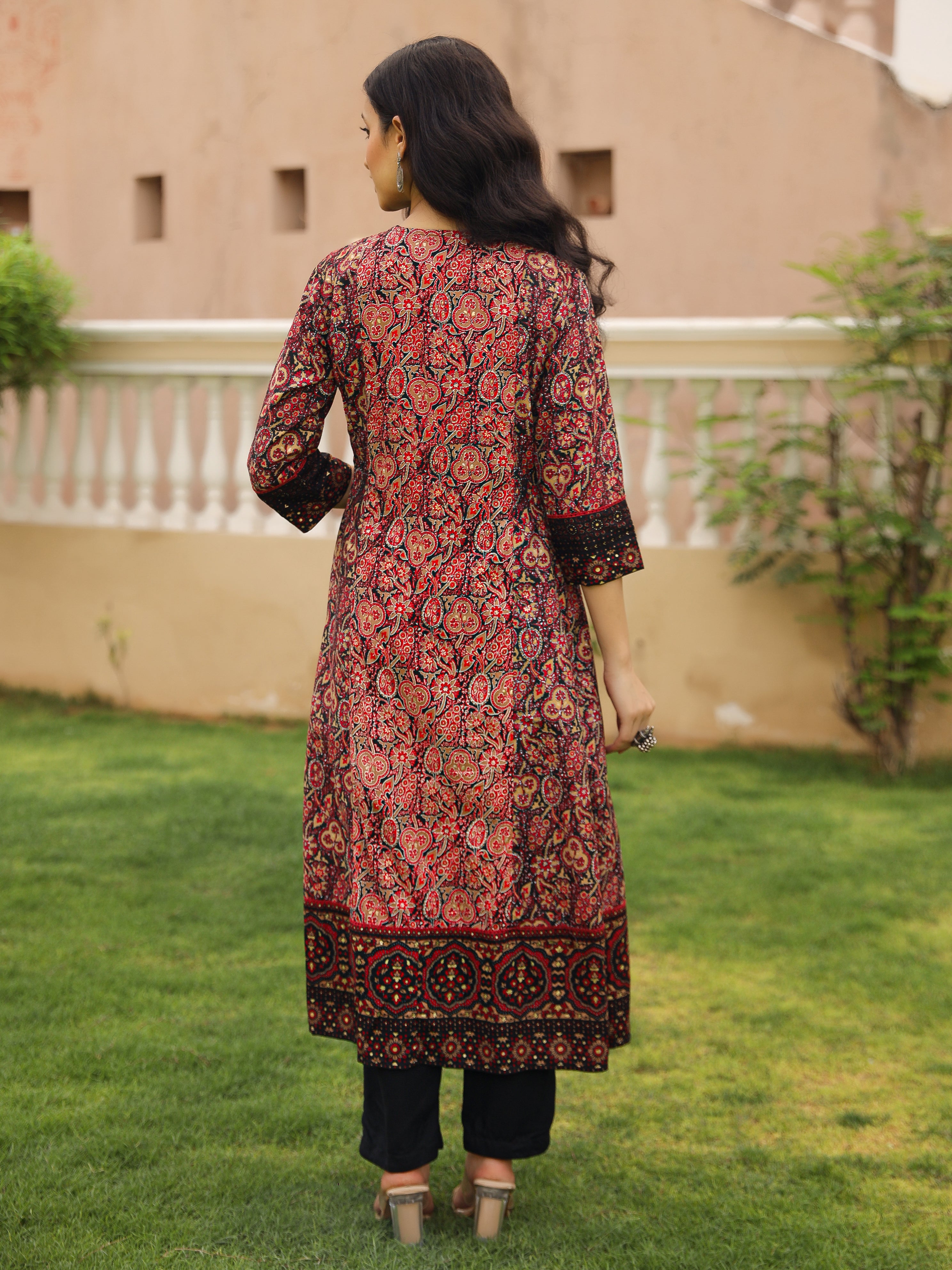 The Patang Black Ethnic Motif Printed Muslin Shrug Inner & Pant Set With Thread & Mirror Work