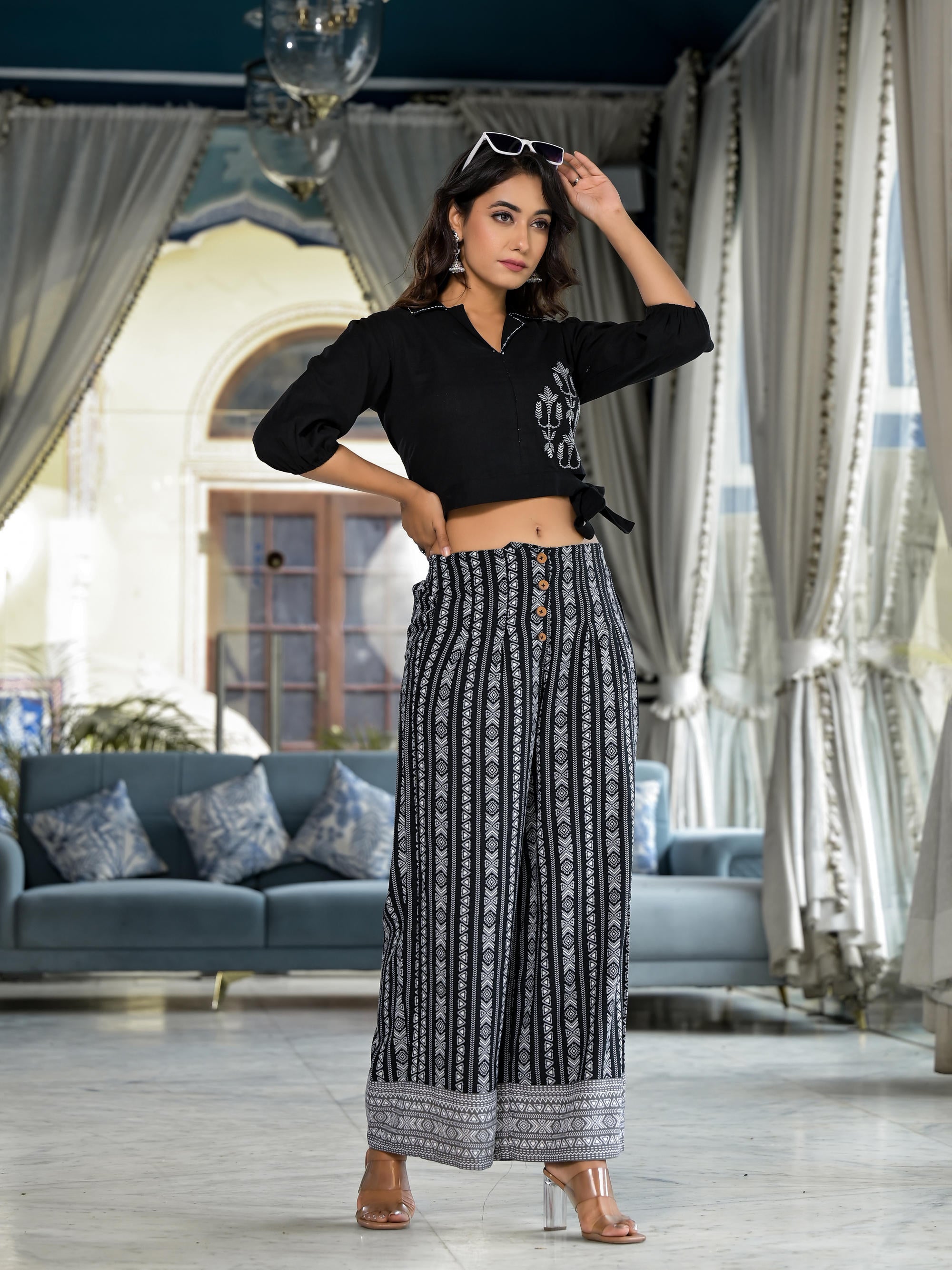 Black Thread Embroidered Cotton Tunic Palazzo Set With Button Detailing