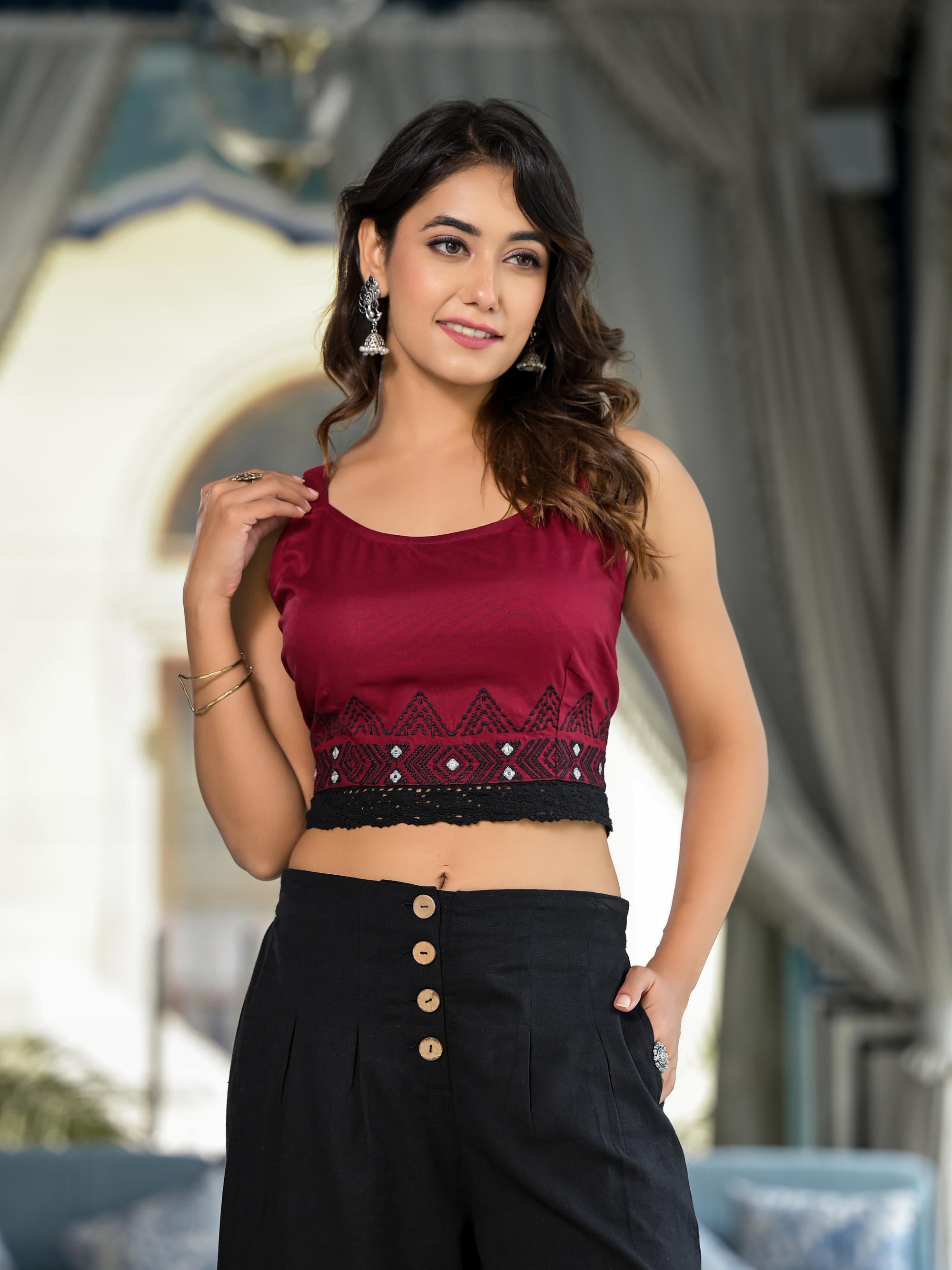 Black Geometric Printed Liva Rayon Shrug With Inner & Palazzo Set With Thread & Mirror Work