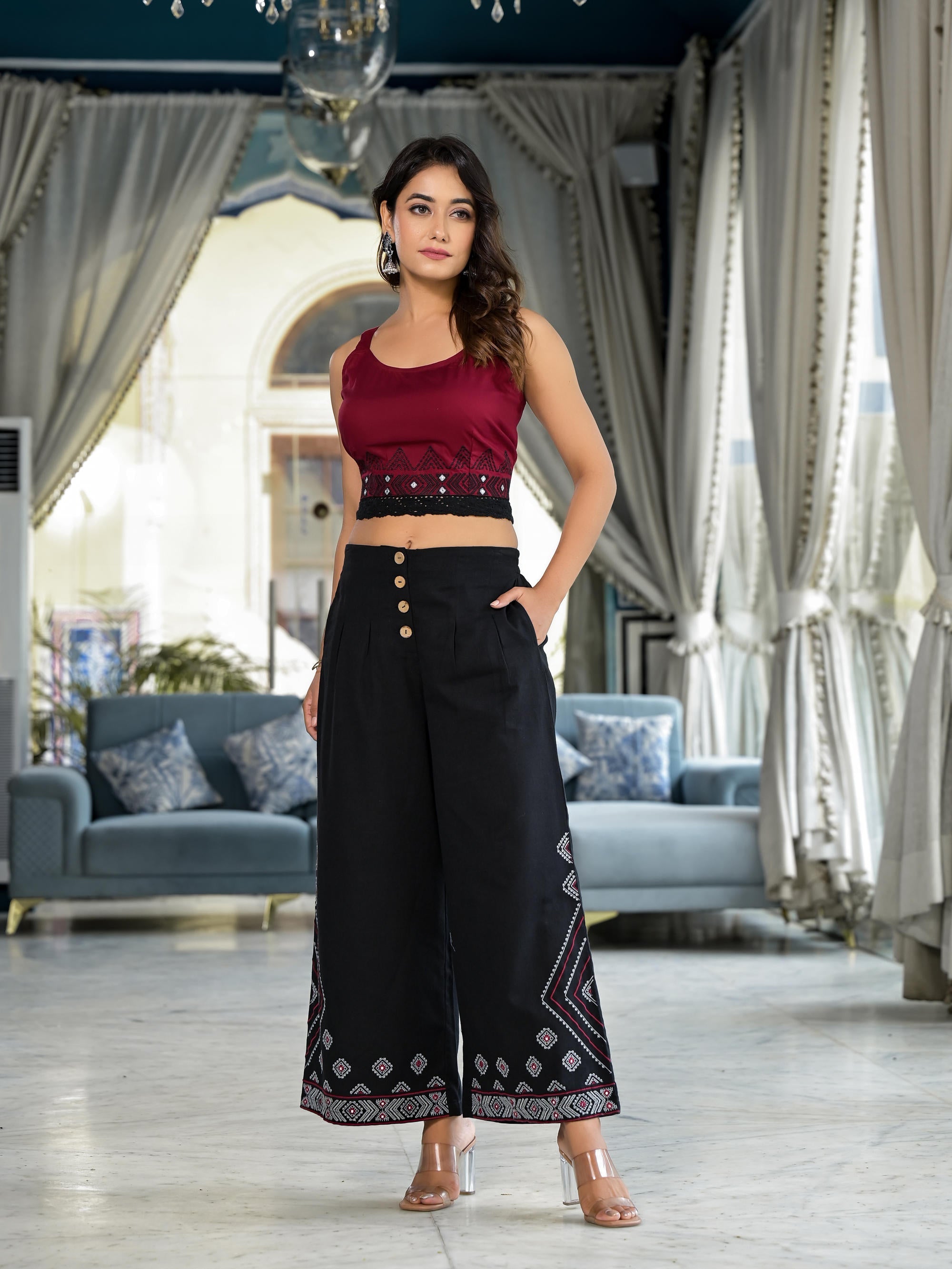 Black Geometric Printed Liva Rayon Shrug With Inner & Palazzo Set With Thread & Mirror Work