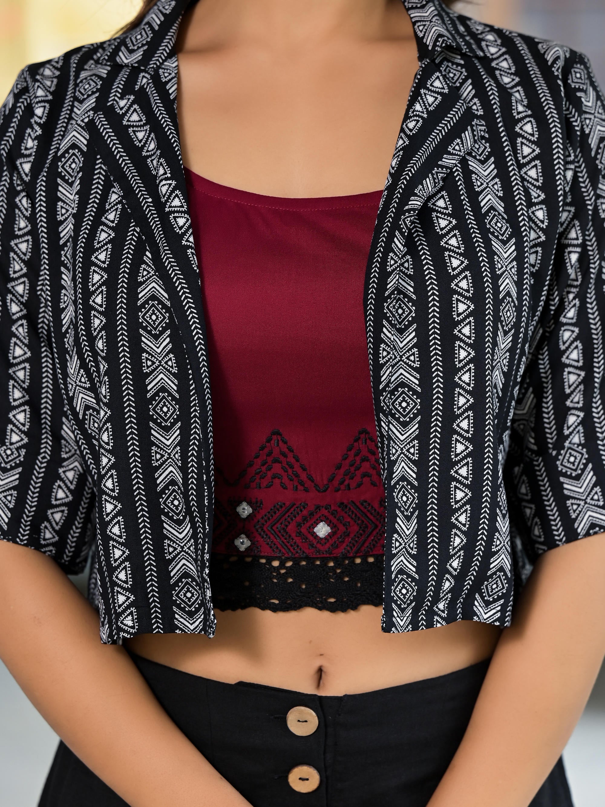 Black Geometric Printed Liva Rayon Shrug With Inner & Palazzo Set With Thread & Mirror Work
