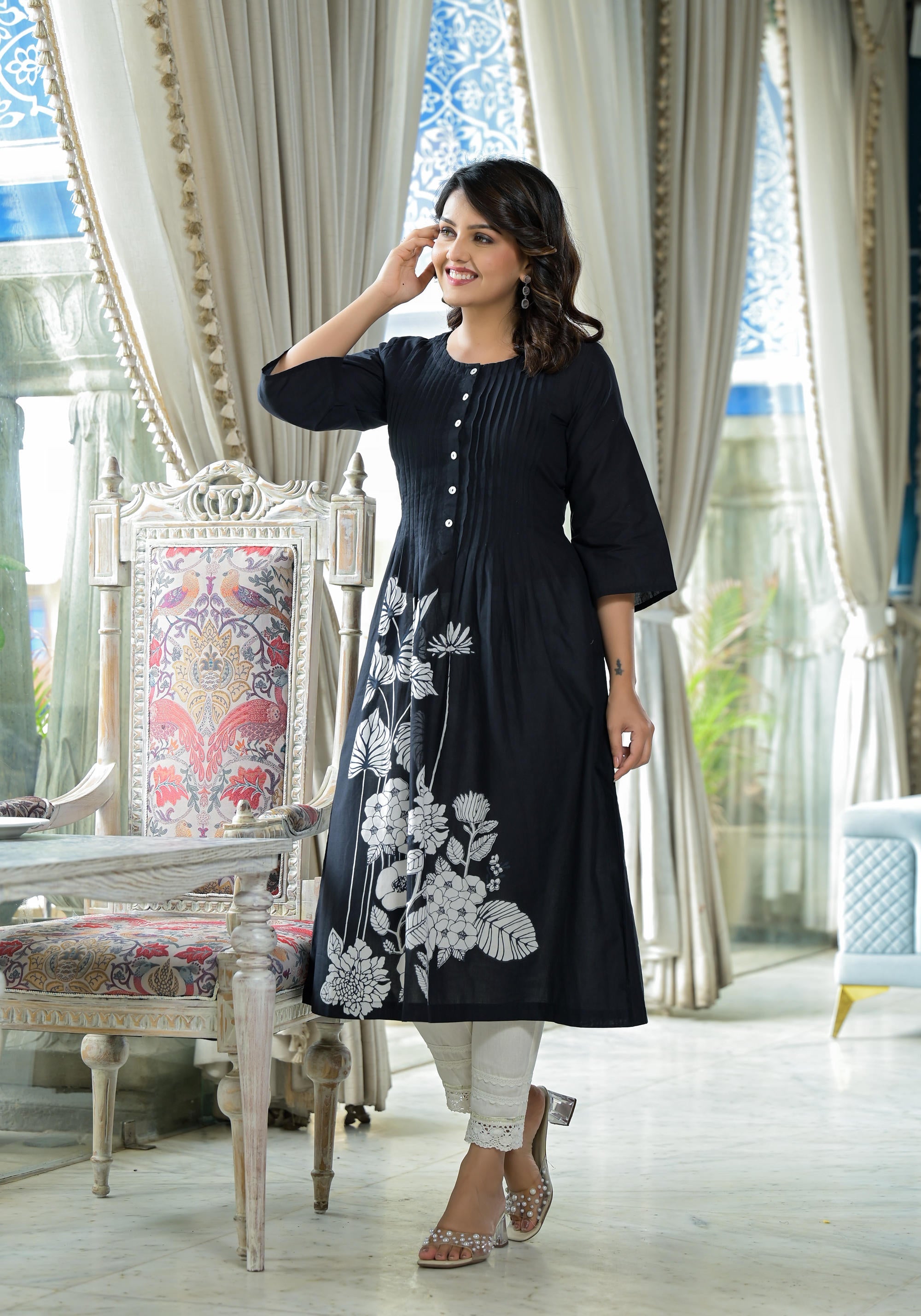 Black Floral Printed Cotton Kurta With Button Detailing