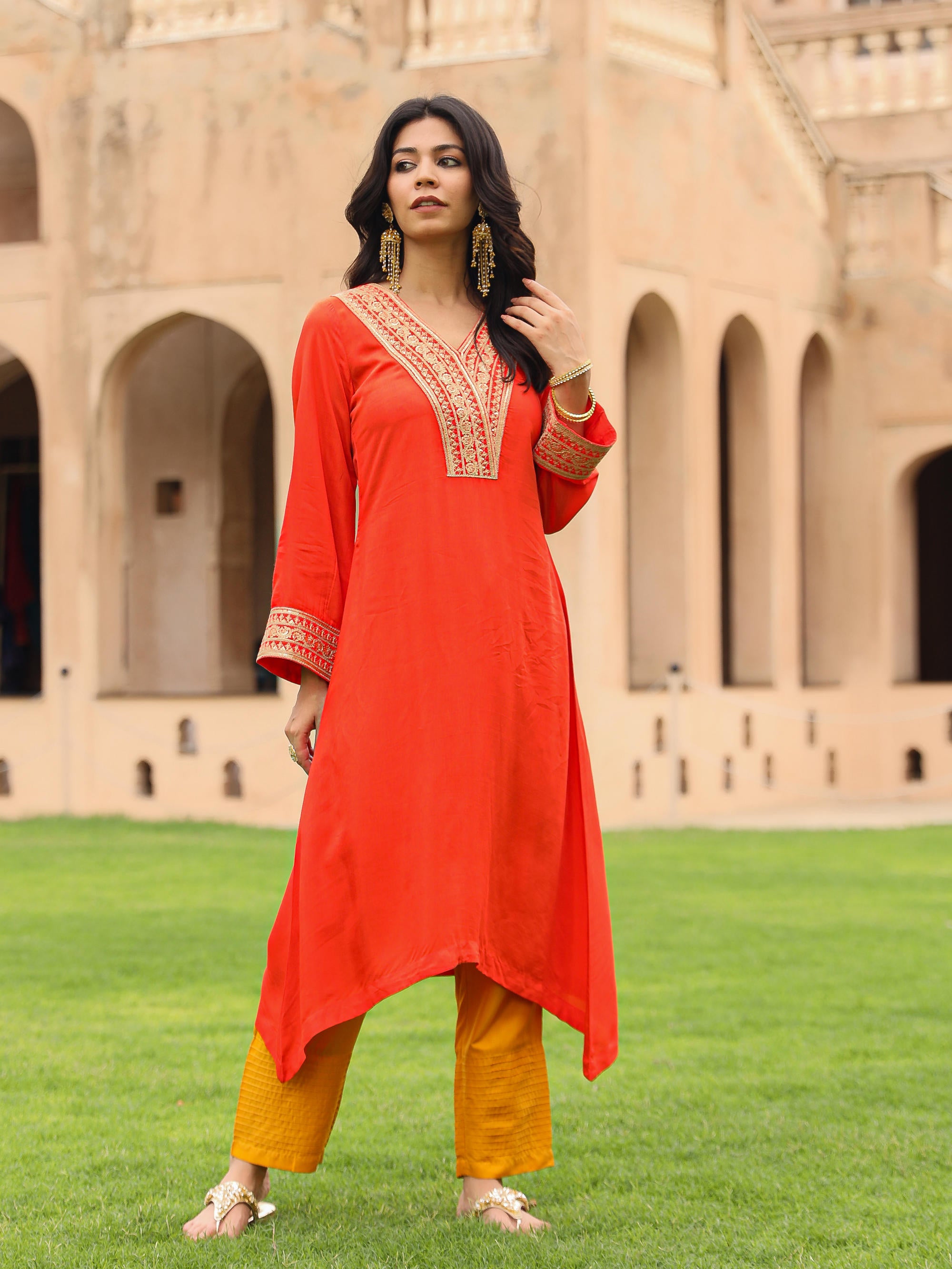 Coral Zari Embroidered Viscose Kurta & Pant Set With Sequins