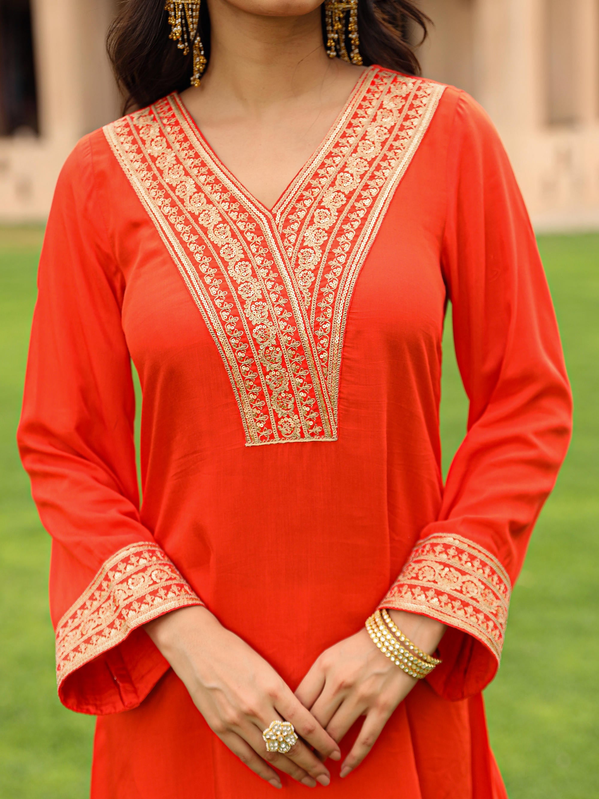 Coral Zari Embroidered Viscose Kurta & Pant Set With Sequins