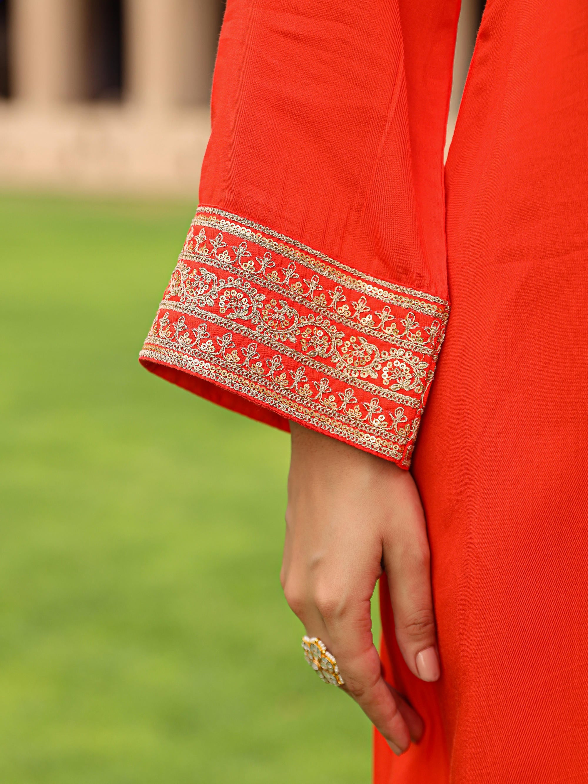 Coral Zari Embroidered Viscose Kurta & Pant Set With Sequins