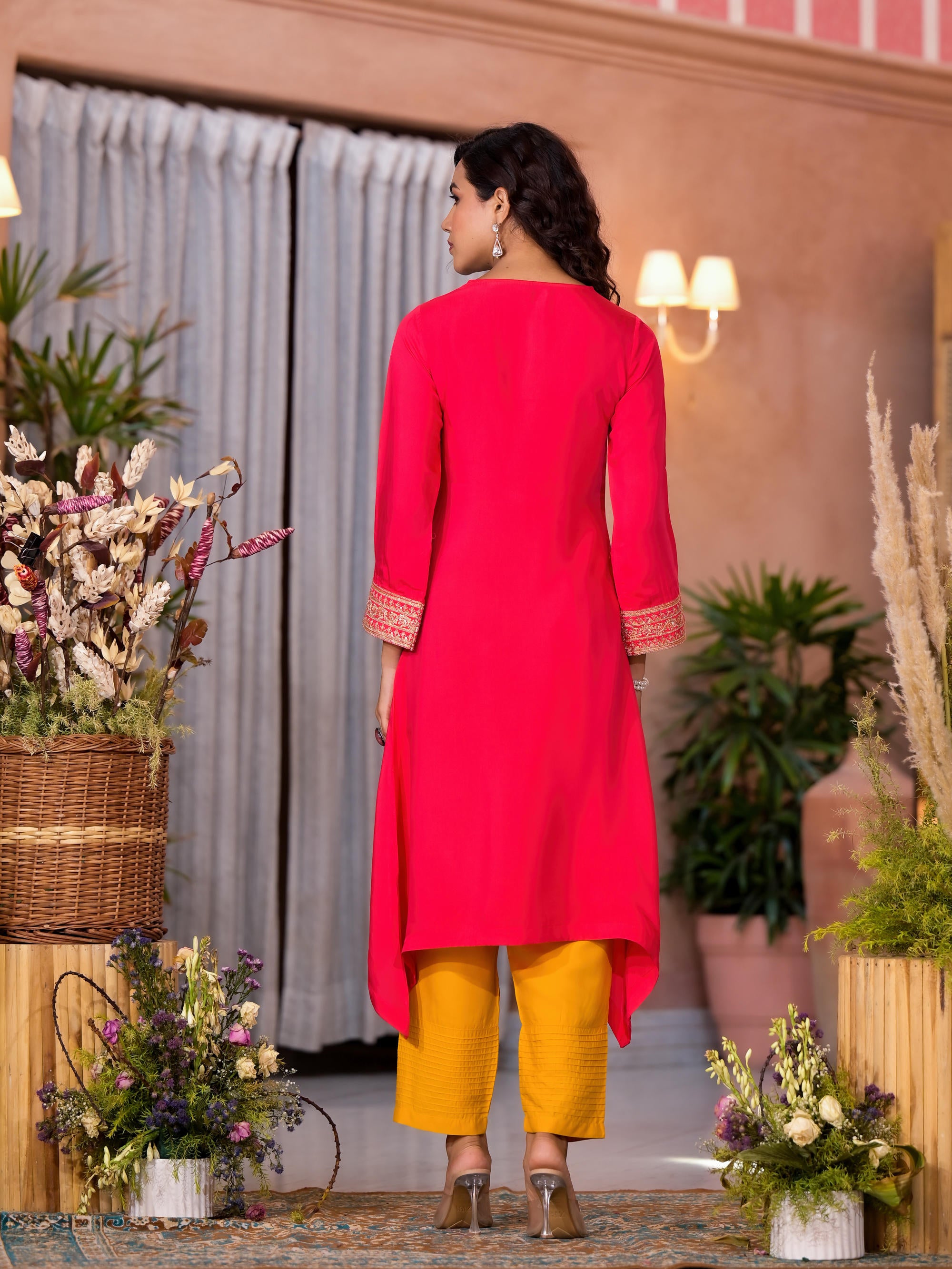 Fuchsia Zari Embroidered Viscose Kurta & Pant Set With Sequins