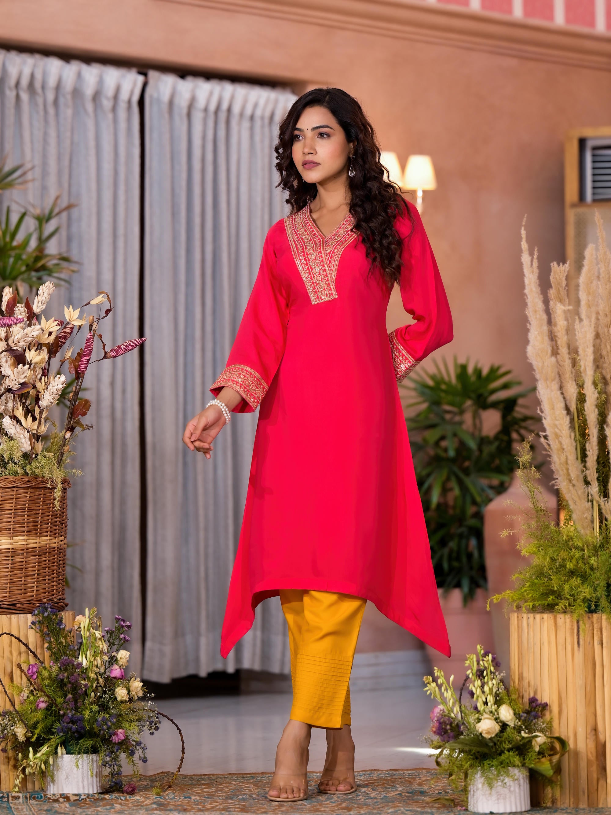 Fuchsia Zari Embroidered Viscose Kurta & Pant Set With Sequins