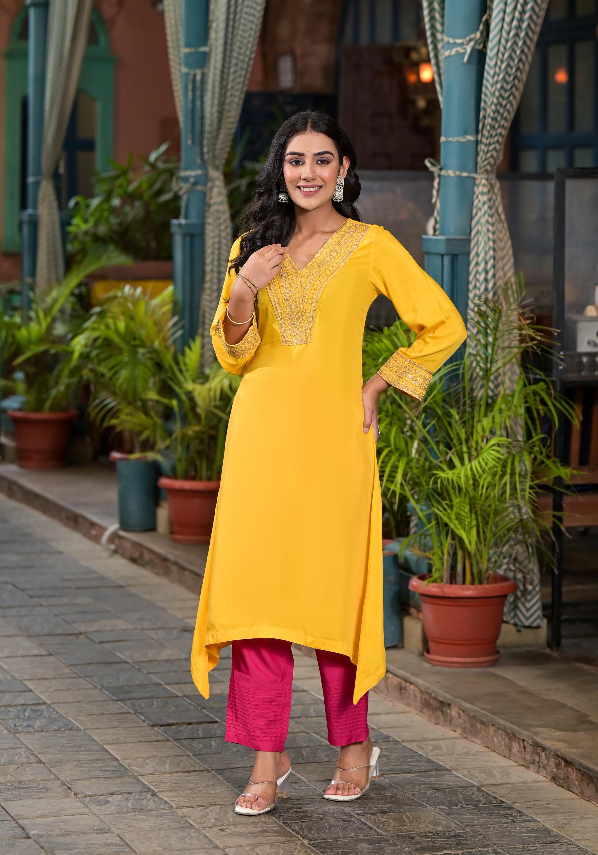 Yellow Solid Viscose Kurta & Pant Set With Zari Work & Sequins