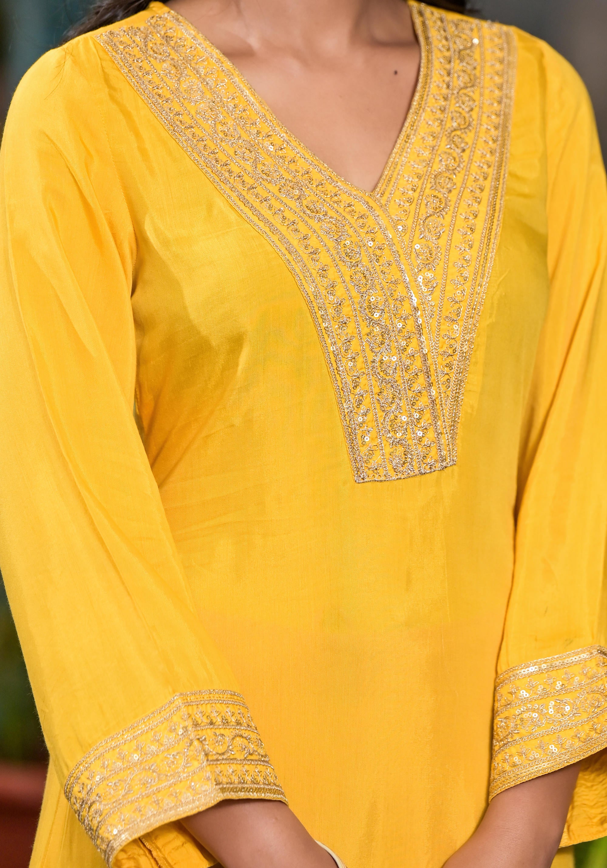 Yellow Solid Viscose Kurta & Pant Set With Zari Work & Sequins