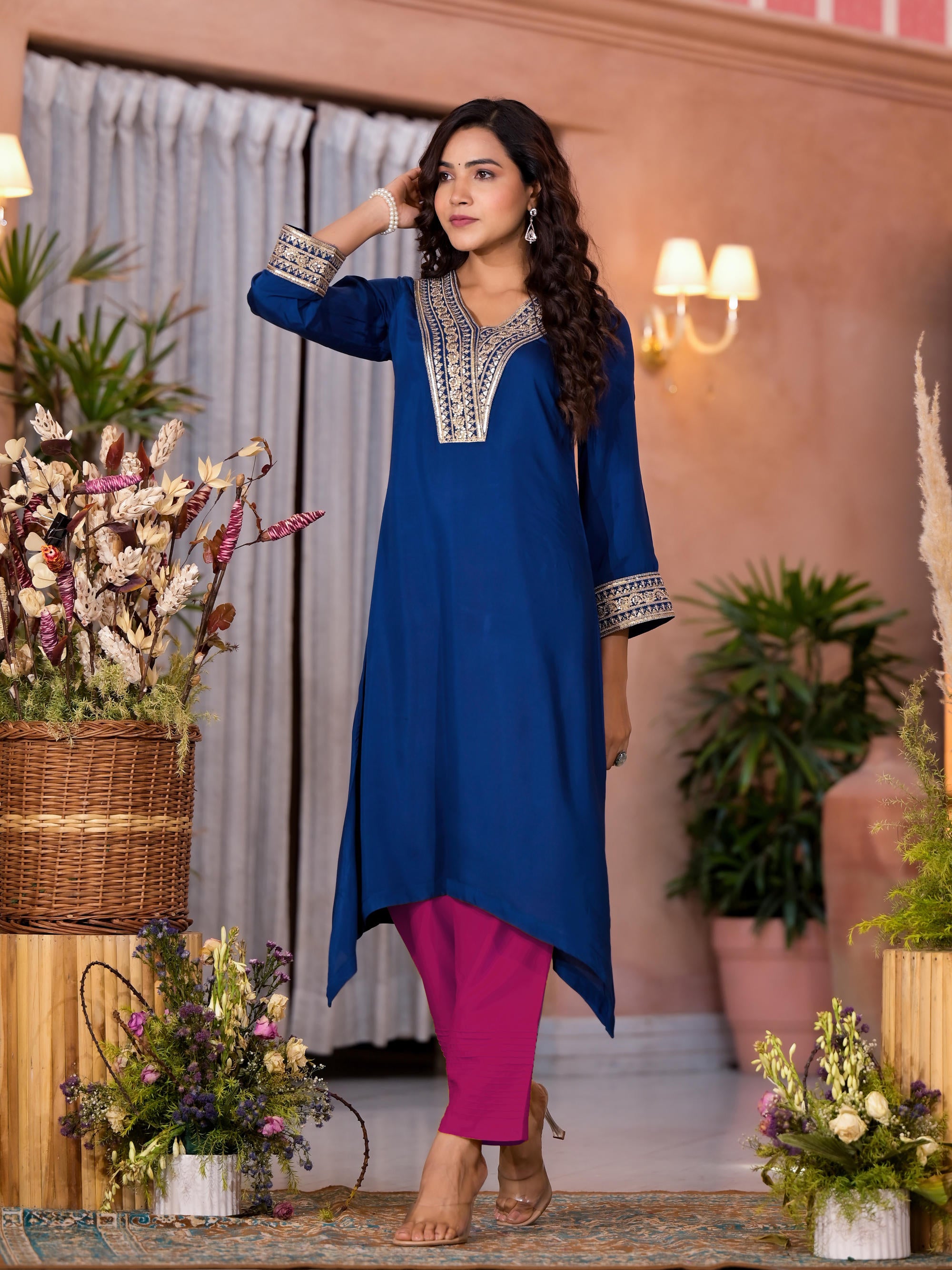 Royal Blue Zari Embroidered Viscose Kurta & Pant Set With Sequins