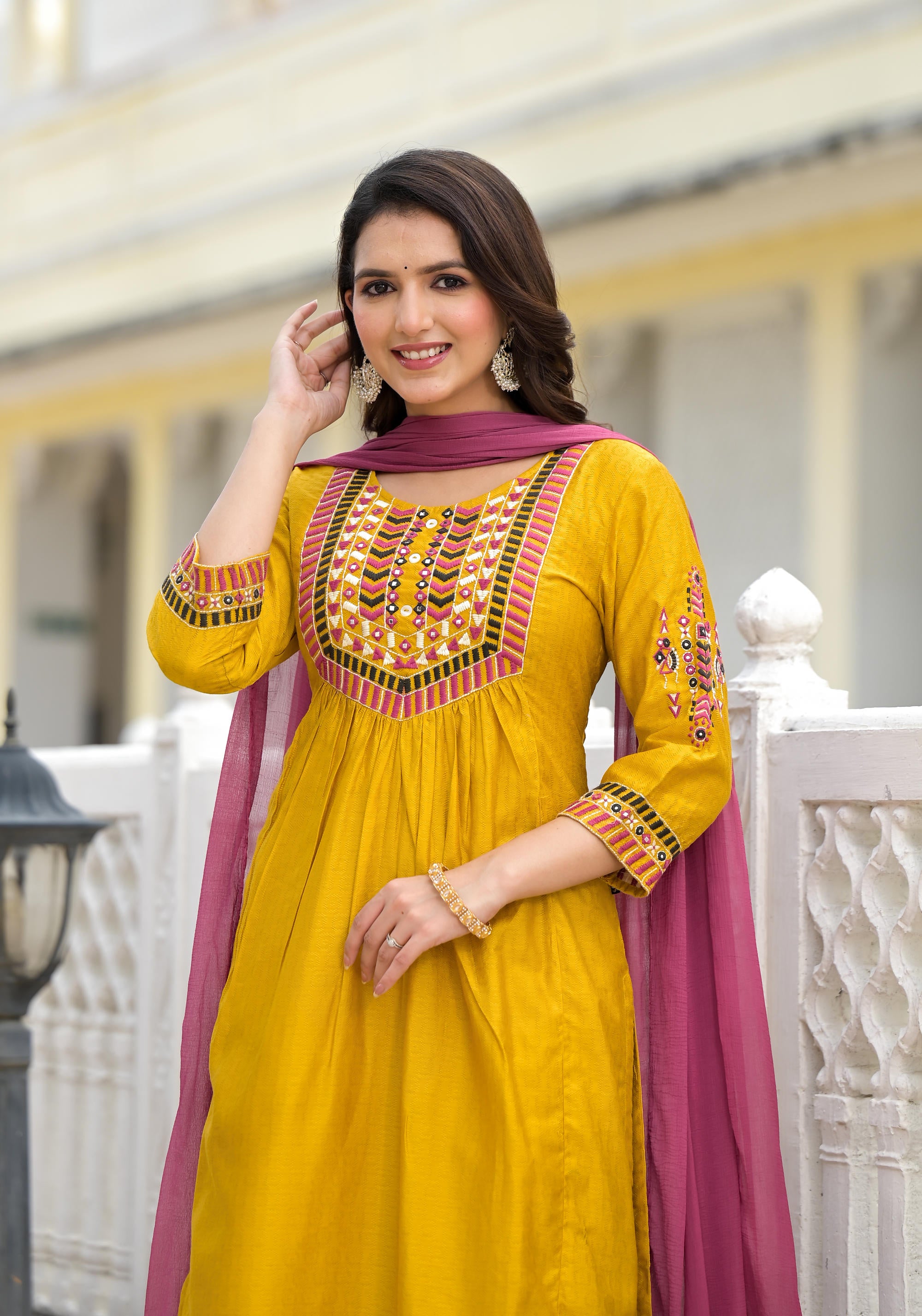 Mustard Solid Nylon Kurta Pant With Dupatta Set With Thread & Mirror Work