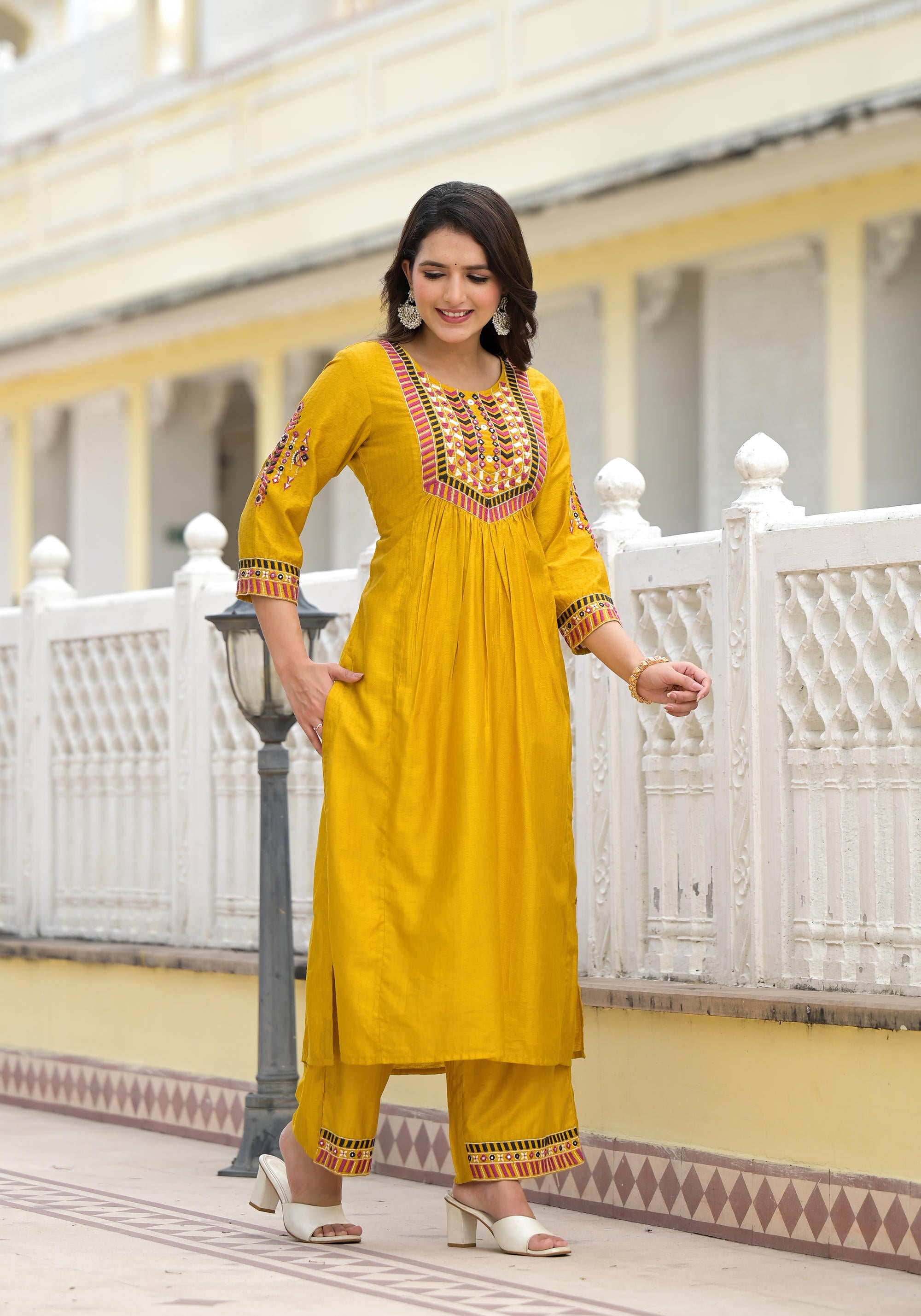 Mustard Solid Nylon Kurta Pant With Dupatta Set With Thread & Mirror Work