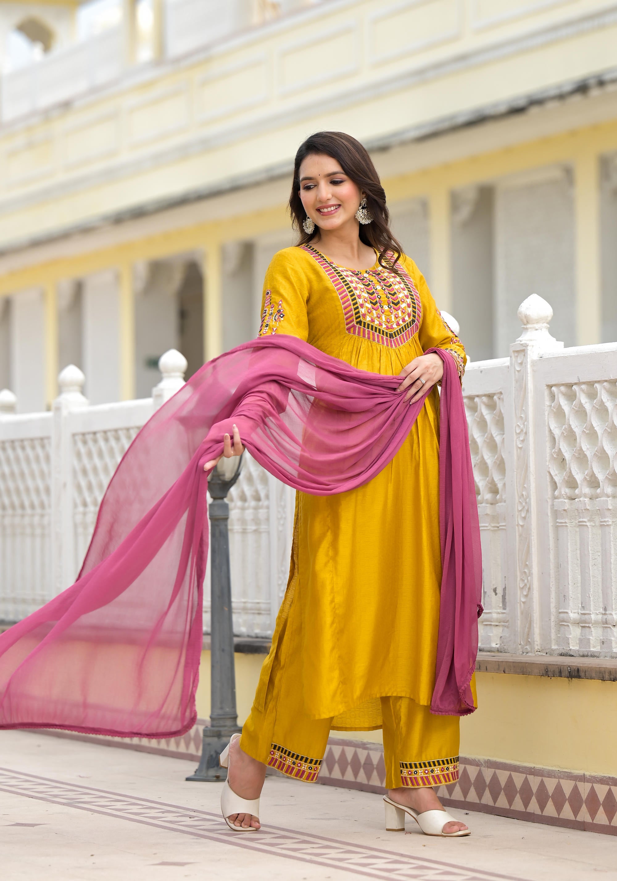 Mustard Solid Nylon Kurta Pant With Dupatta Set With Thread & Mirror Work