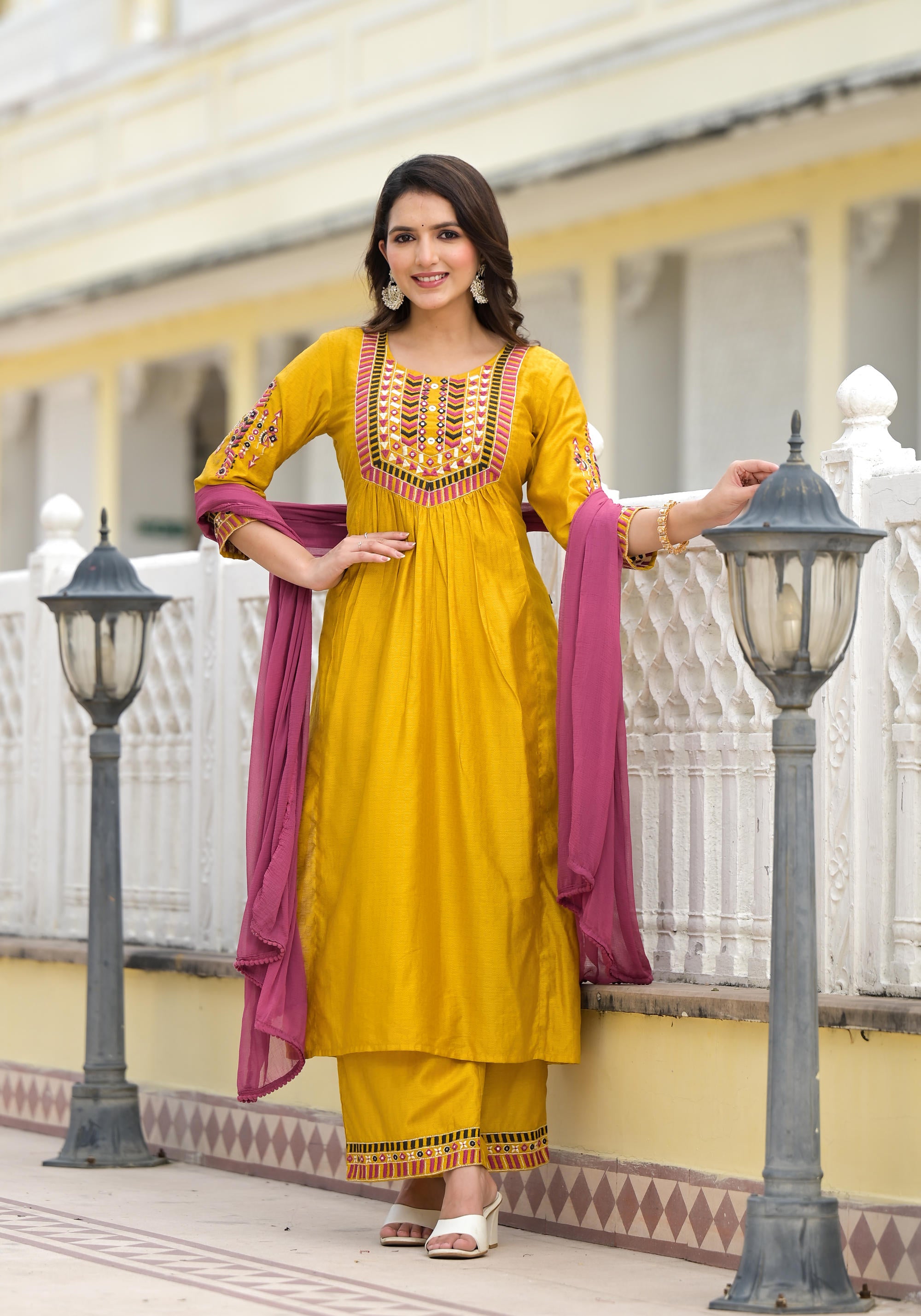 Mustard Solid Nylon Kurta Pant With Dupatta Set With Thread & Mirror Work