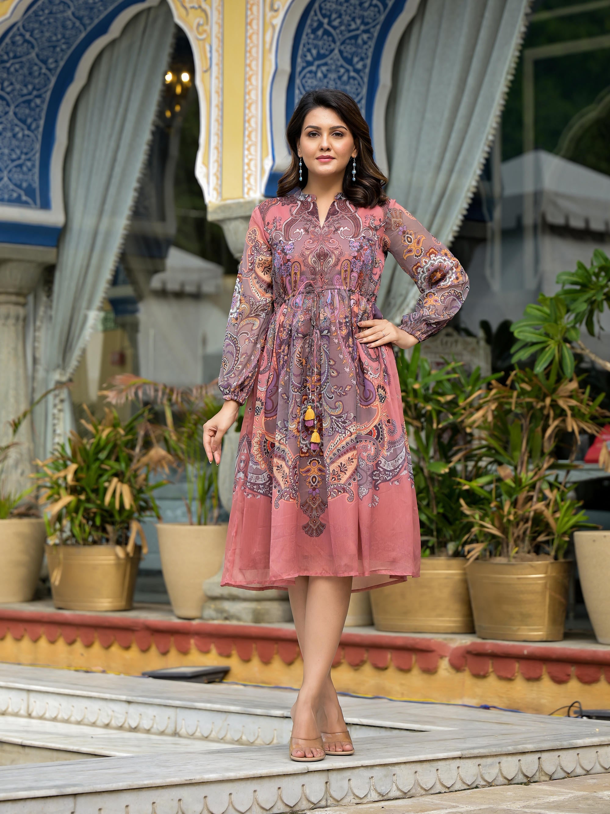Onion Pink Ethnic Motif Printed Chiffon Dress With Tassels & Doris