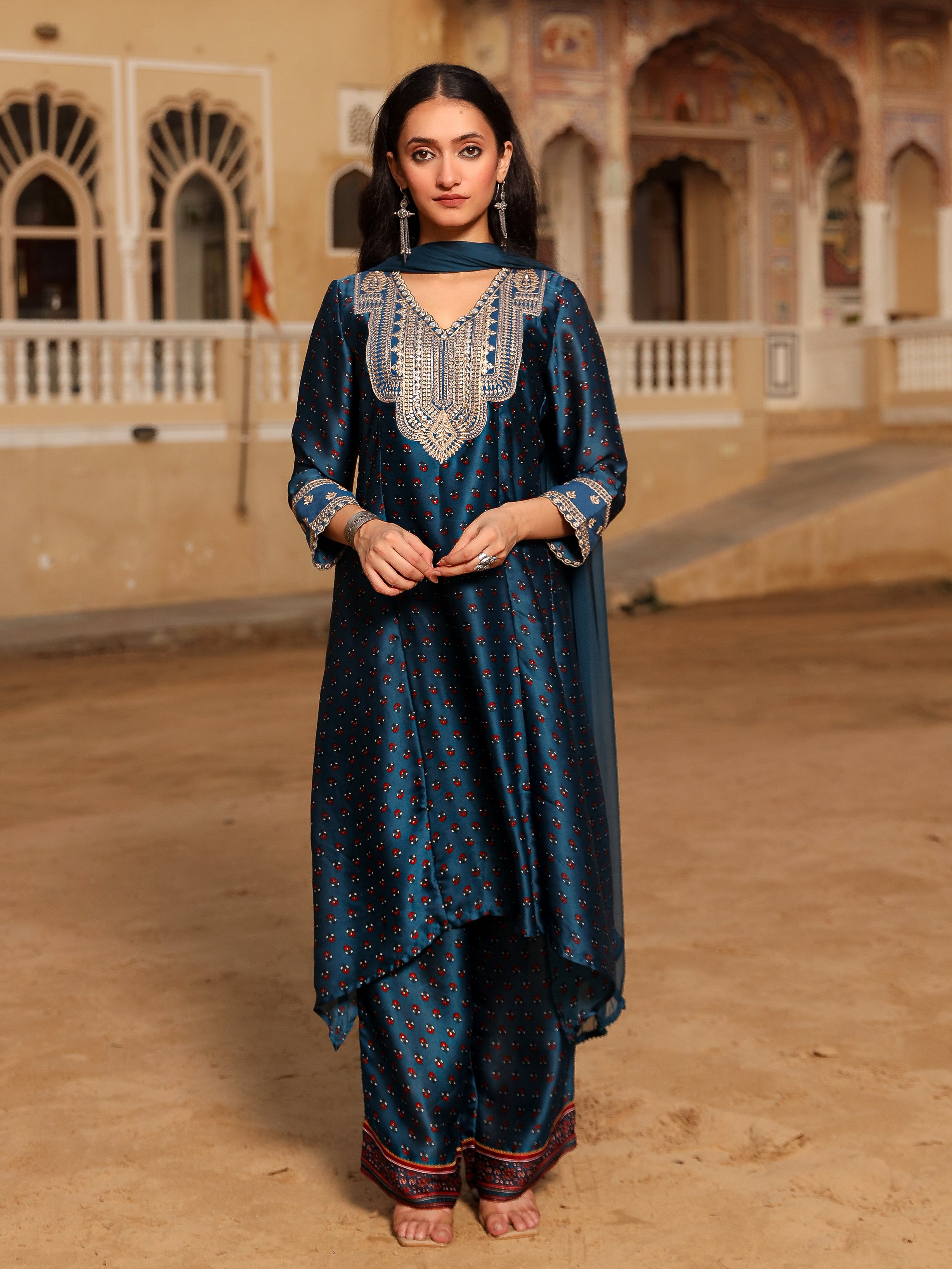 The Patang Blue Ethnic Motif Printed Satin Kurta Pant And Dupatta With Zari & Mirror Work