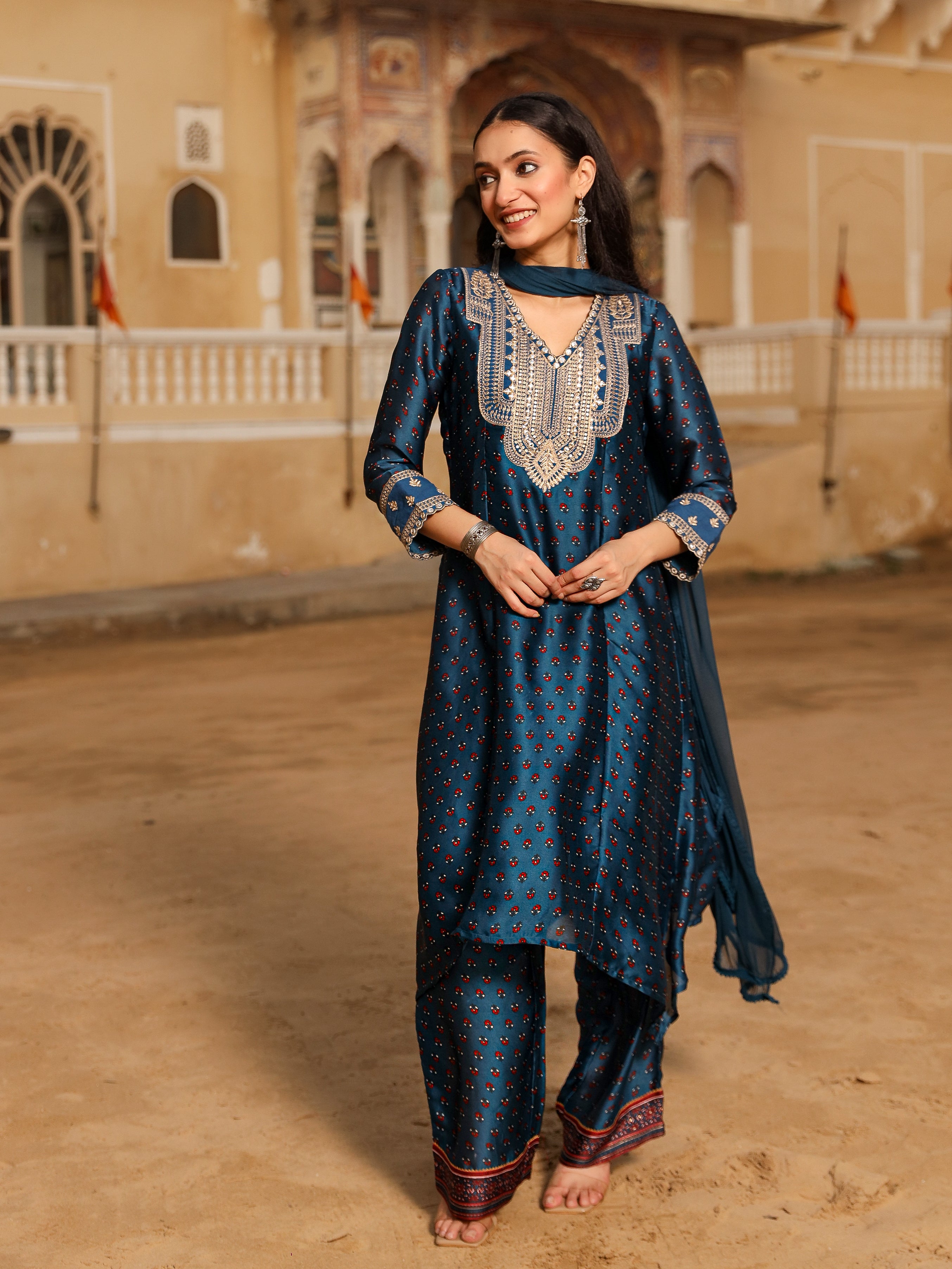 The Patang Blue Ethnic Motif Printed Satin Kurta Pant And Dupatta With Zari & Mirror Work