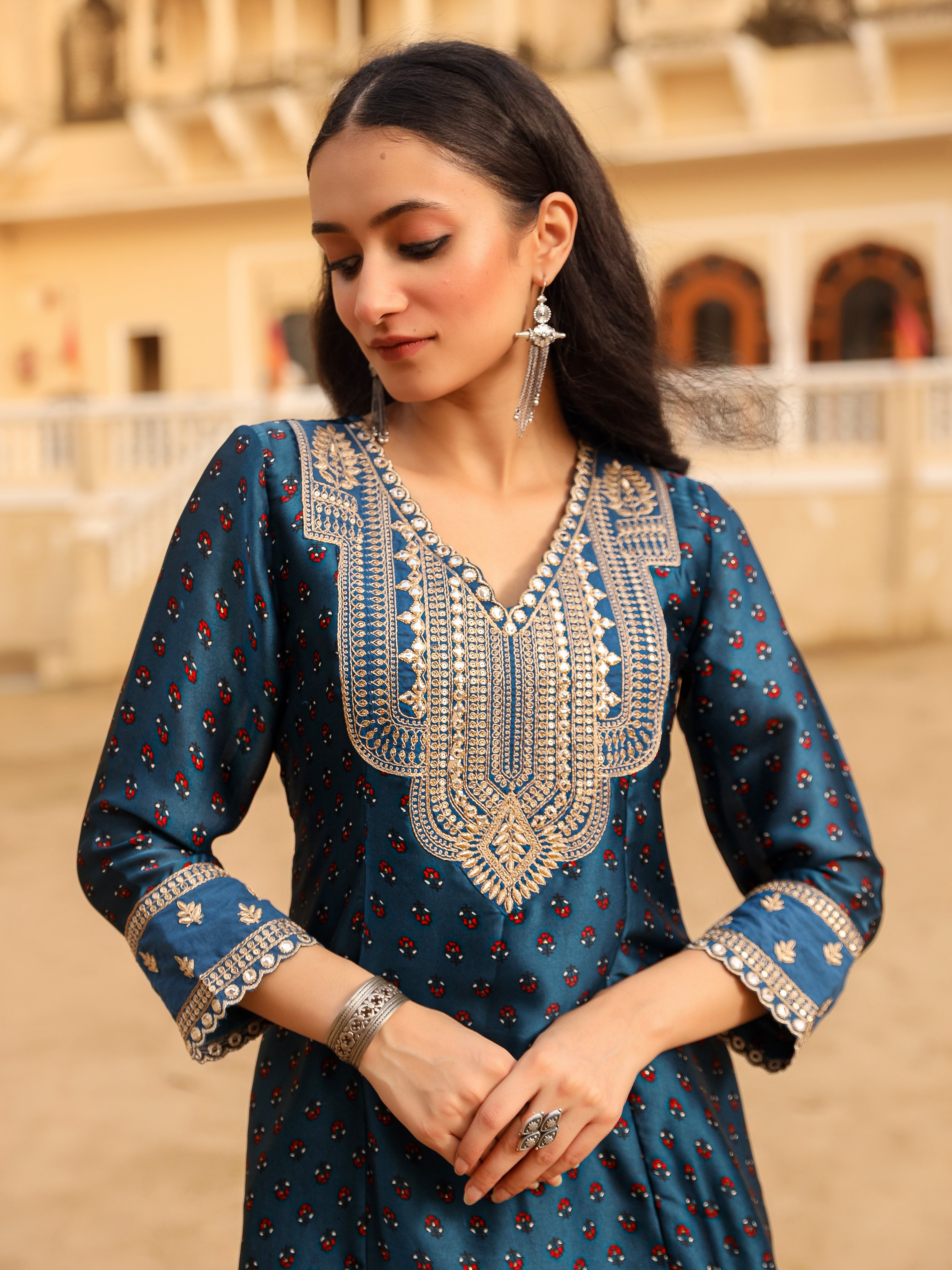 The Patang Blue Ethnic Motif Printed Satin Kurta Pant And Dupatta With Zari & Mirror Work