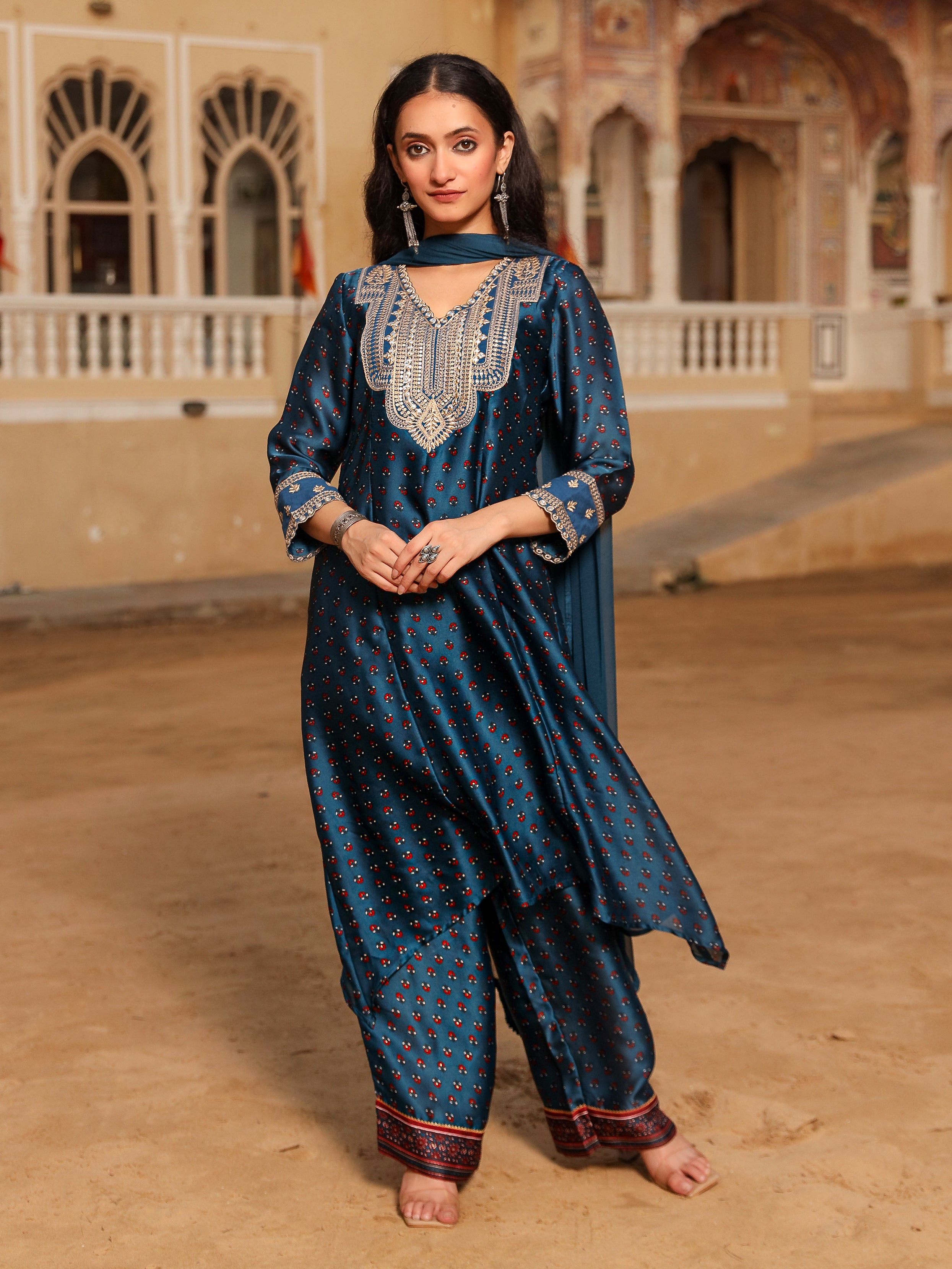 The Patang Blue Ethnic Motif Printed Satin Kurta Pant And Dupatta With Zari & Mirror Work