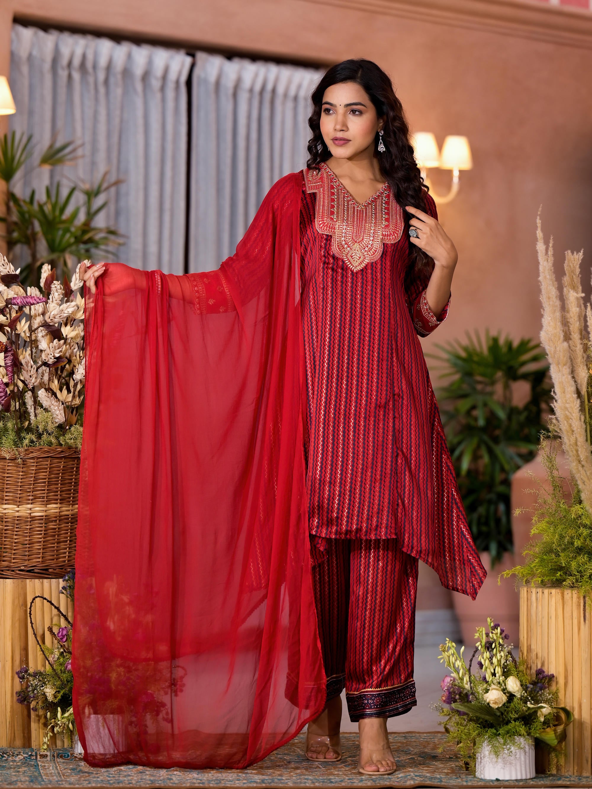 Red Geometric Printed Satin Asymmetrical Kurta Pant And Dupatta Set With Zari & Mirror Work