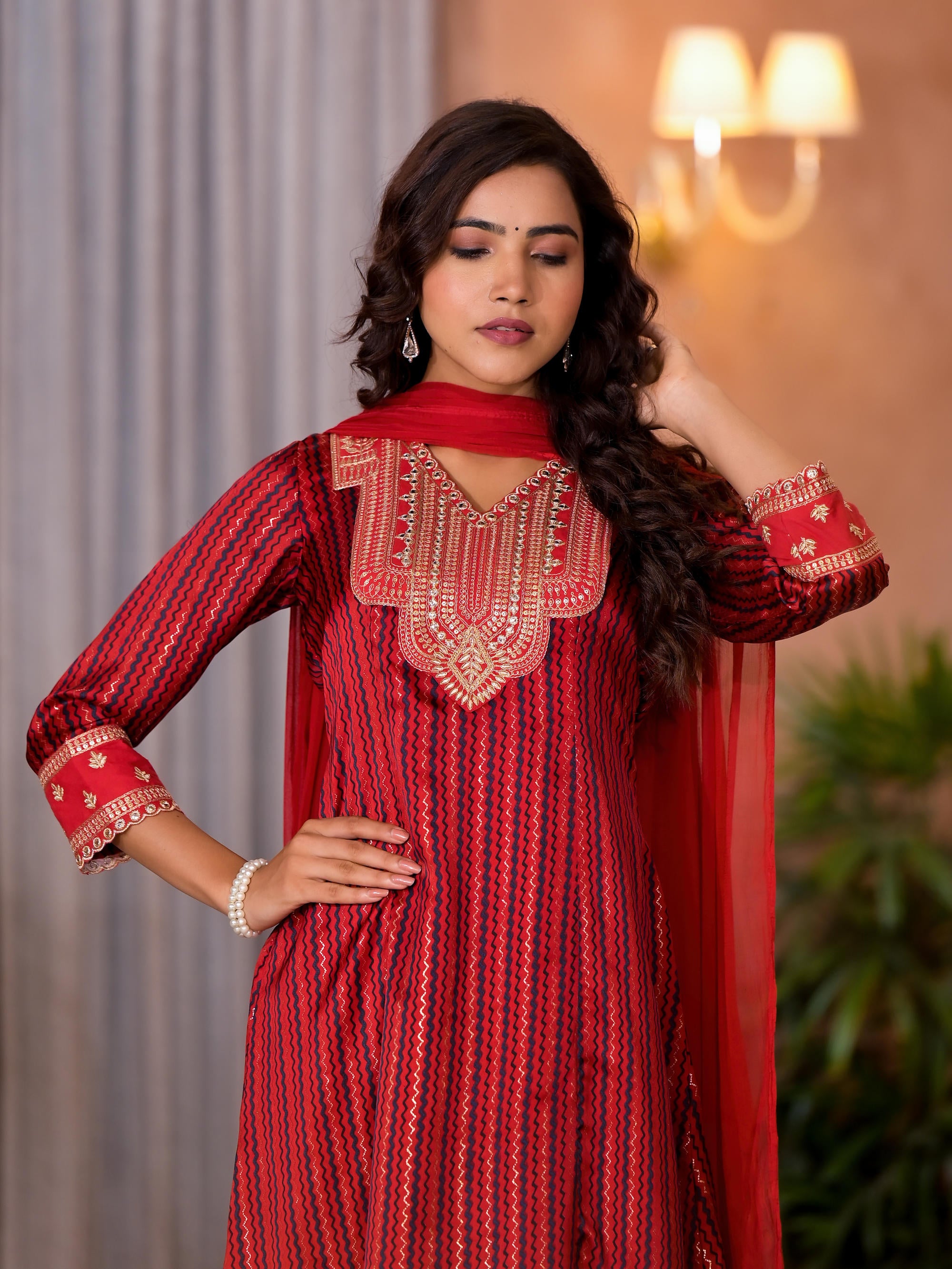 Red Geometric Printed Satin Asymmetrical Kurta Pant And Dupatta Set With Zari & Mirror Work