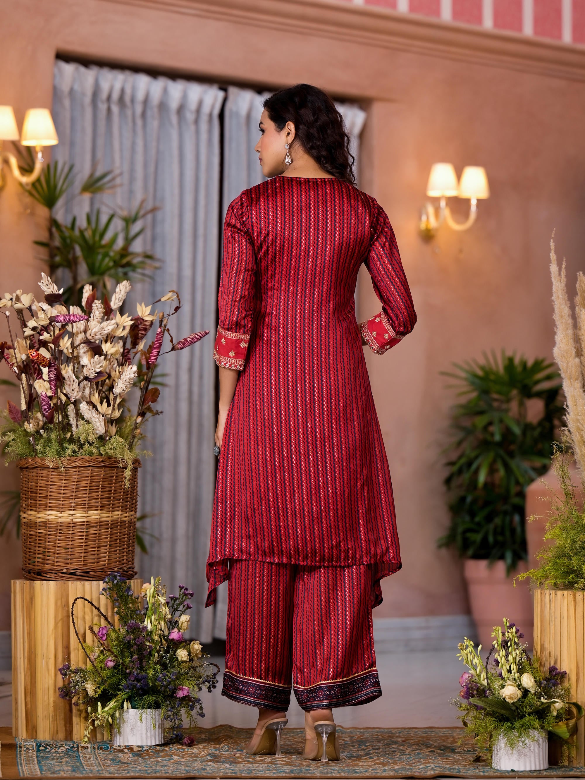 Red Geometric Printed Satin Asymmetrical Kurta Pant And Dupatta Set With Zari & Mirror Work