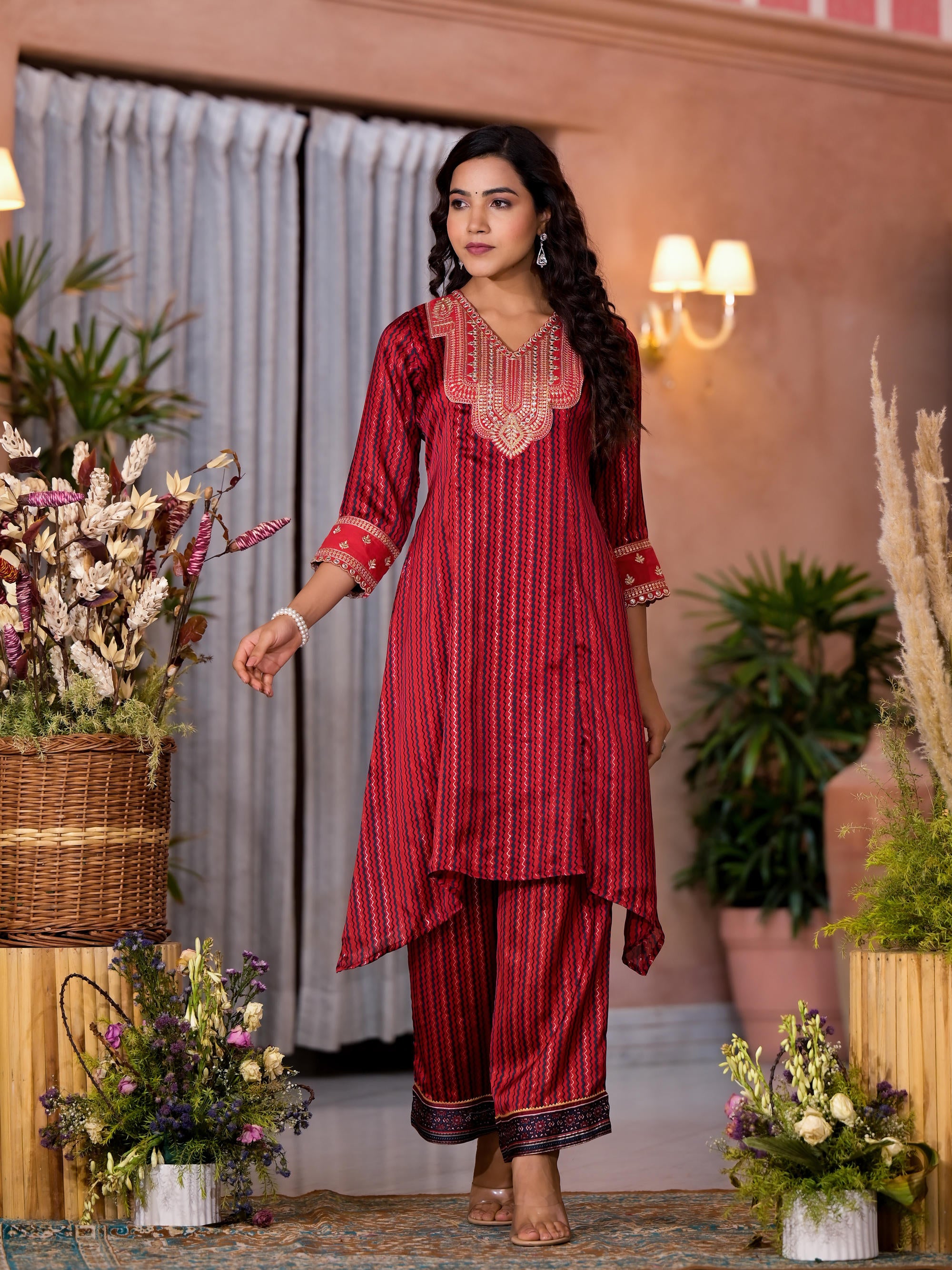 Red Geometric Printed Satin Asymmetrical Kurta Pant And Dupatta Set With Zari & Mirror Work