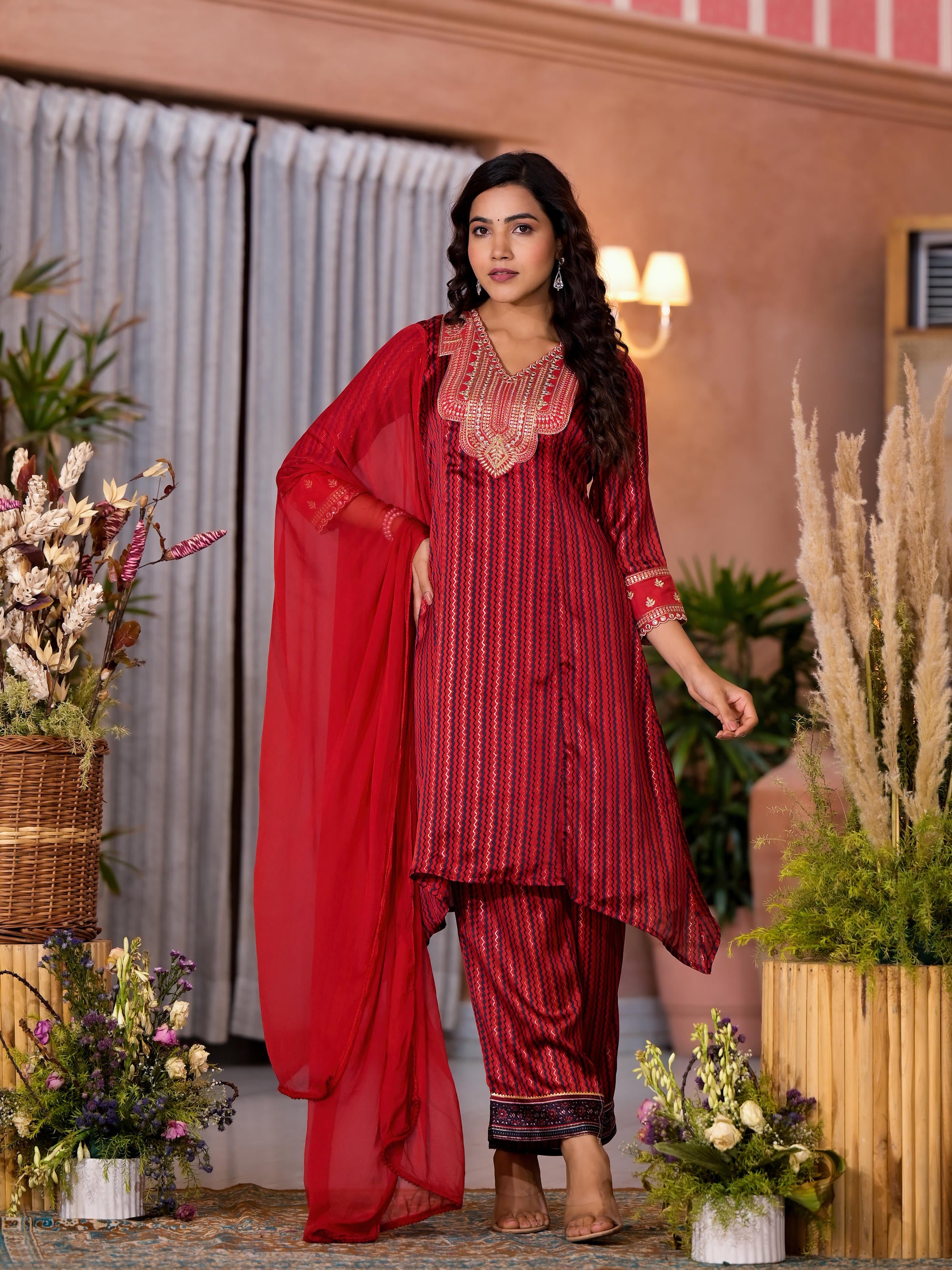 Red Geometric Printed Satin Asymmetrical Kurta Pant And Dupatta Set With Zari & Mirror Work