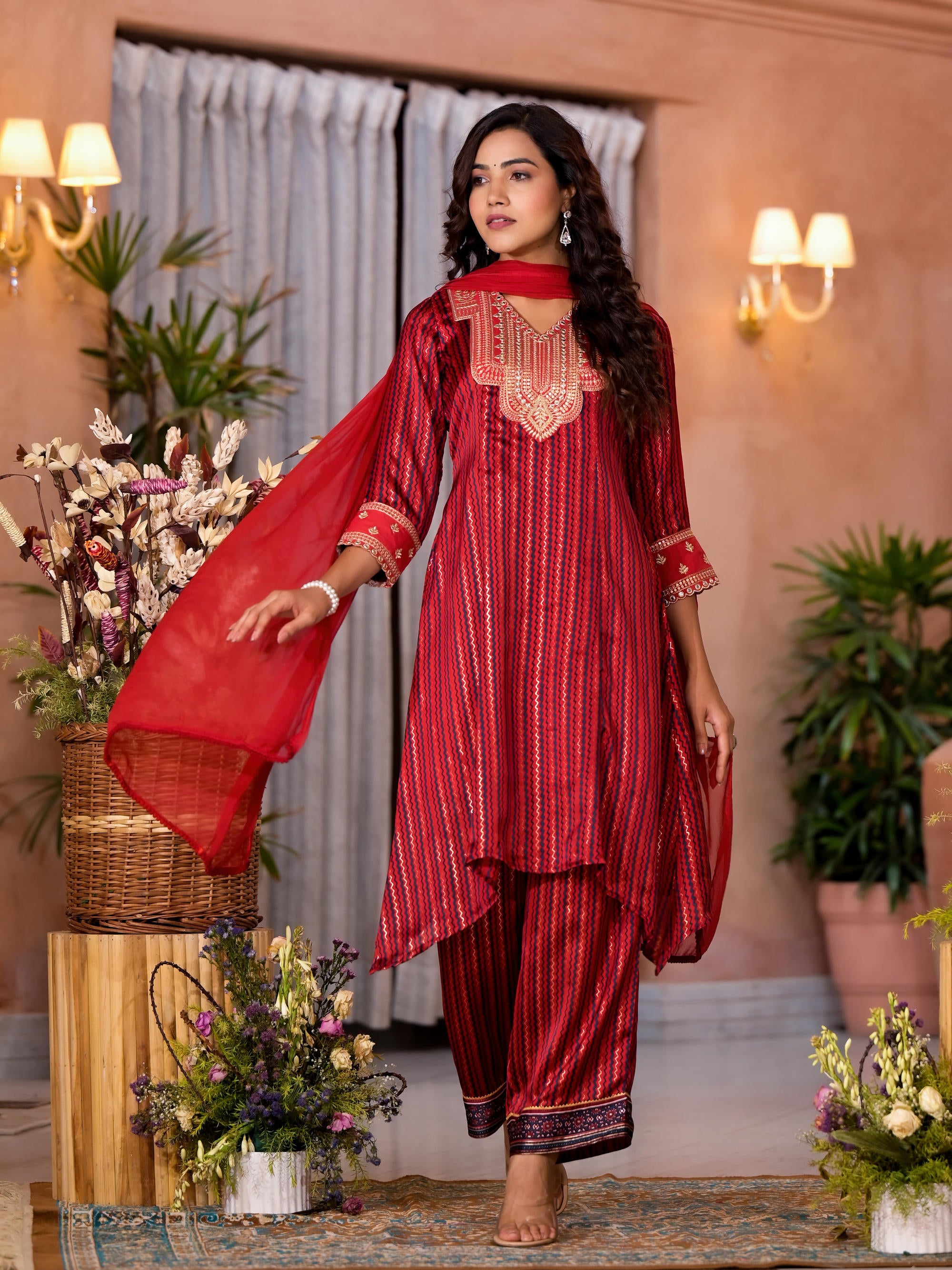 Red Geometric Printed Satin Asymmetrical Kurta Pant And Dupatta Set With Zari & Mirror Work