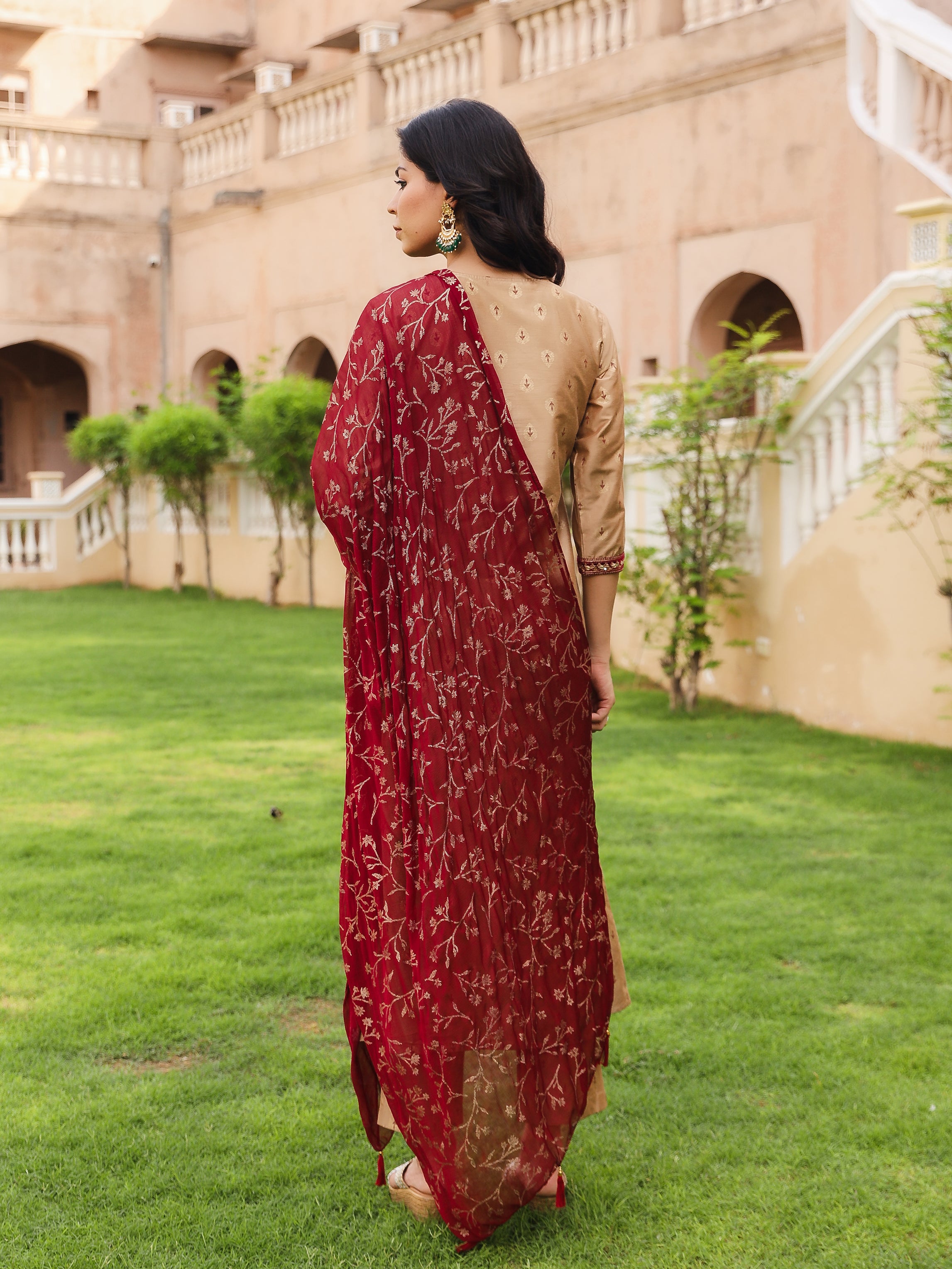 The Swarn Gold Ethnic Motif Printed Cotton Kurta Pant And Dupatta With Zari & Mirror Work