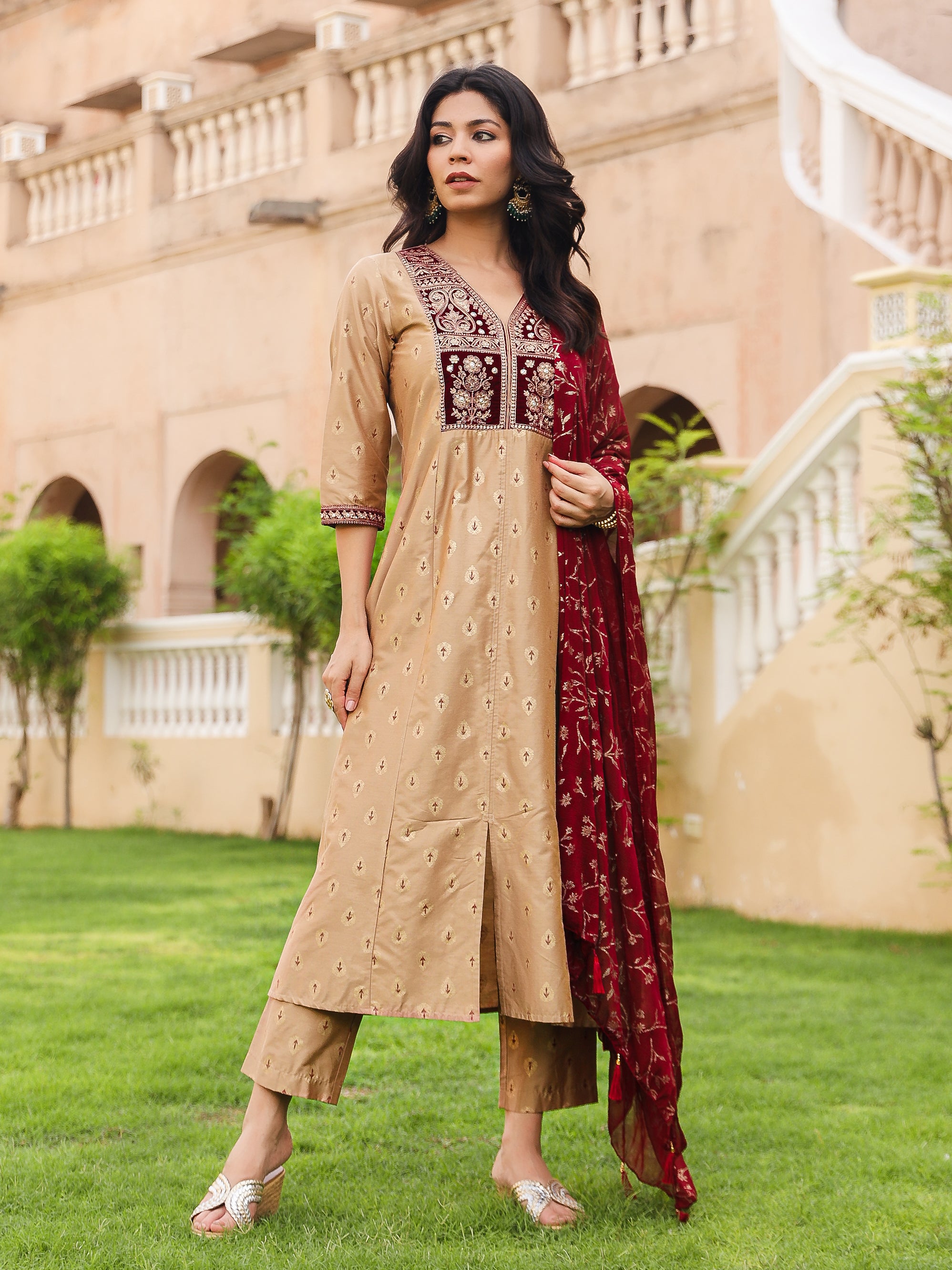 The Swarn Gold Ethnic Motif Printed Cotton Kurta Pant And Dupatta With Zari & Mirror Work