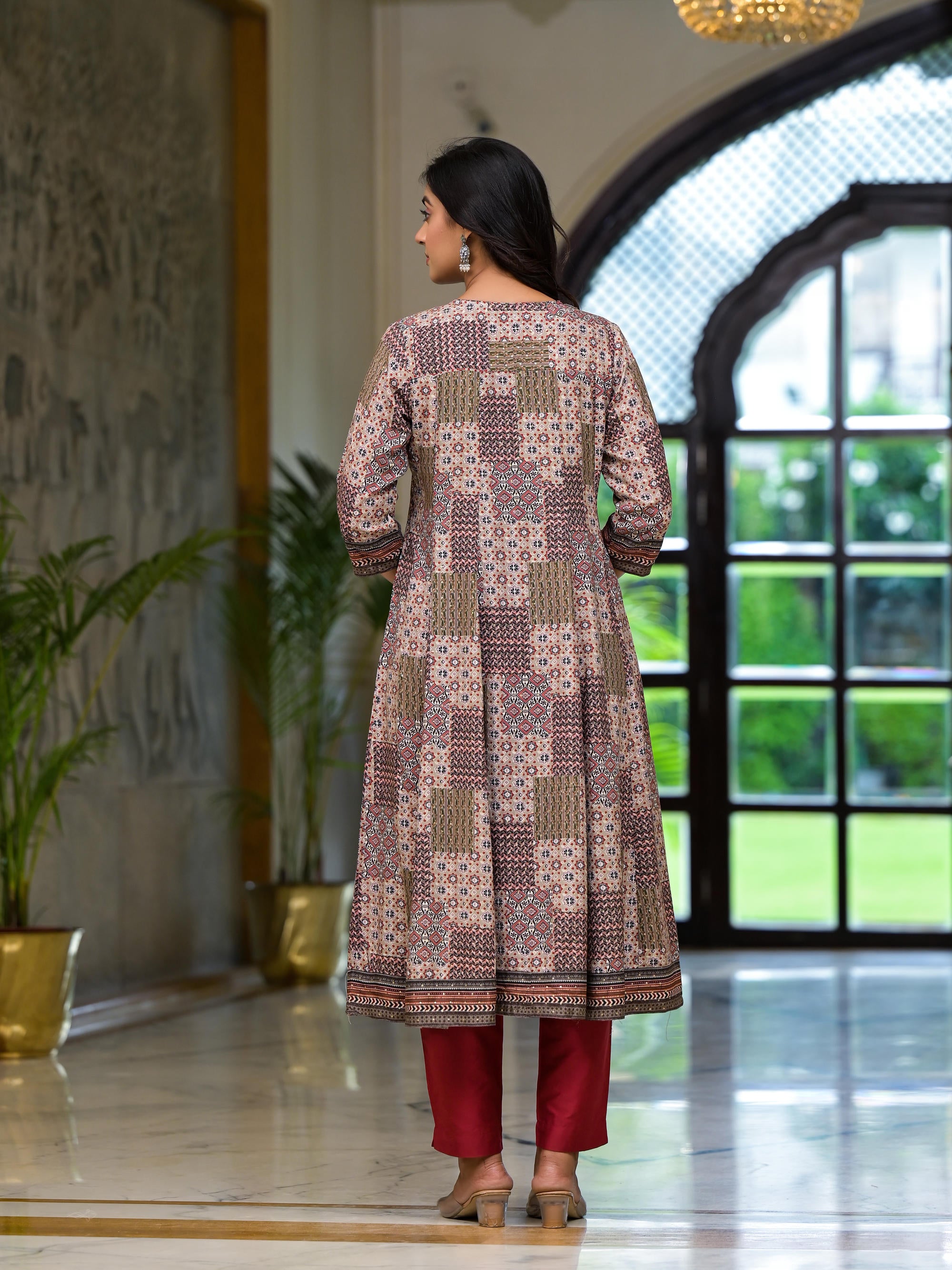 Multi Color Ethnic Motif Printed Muslin Kurta Set With Coins Thread & Mirror Work