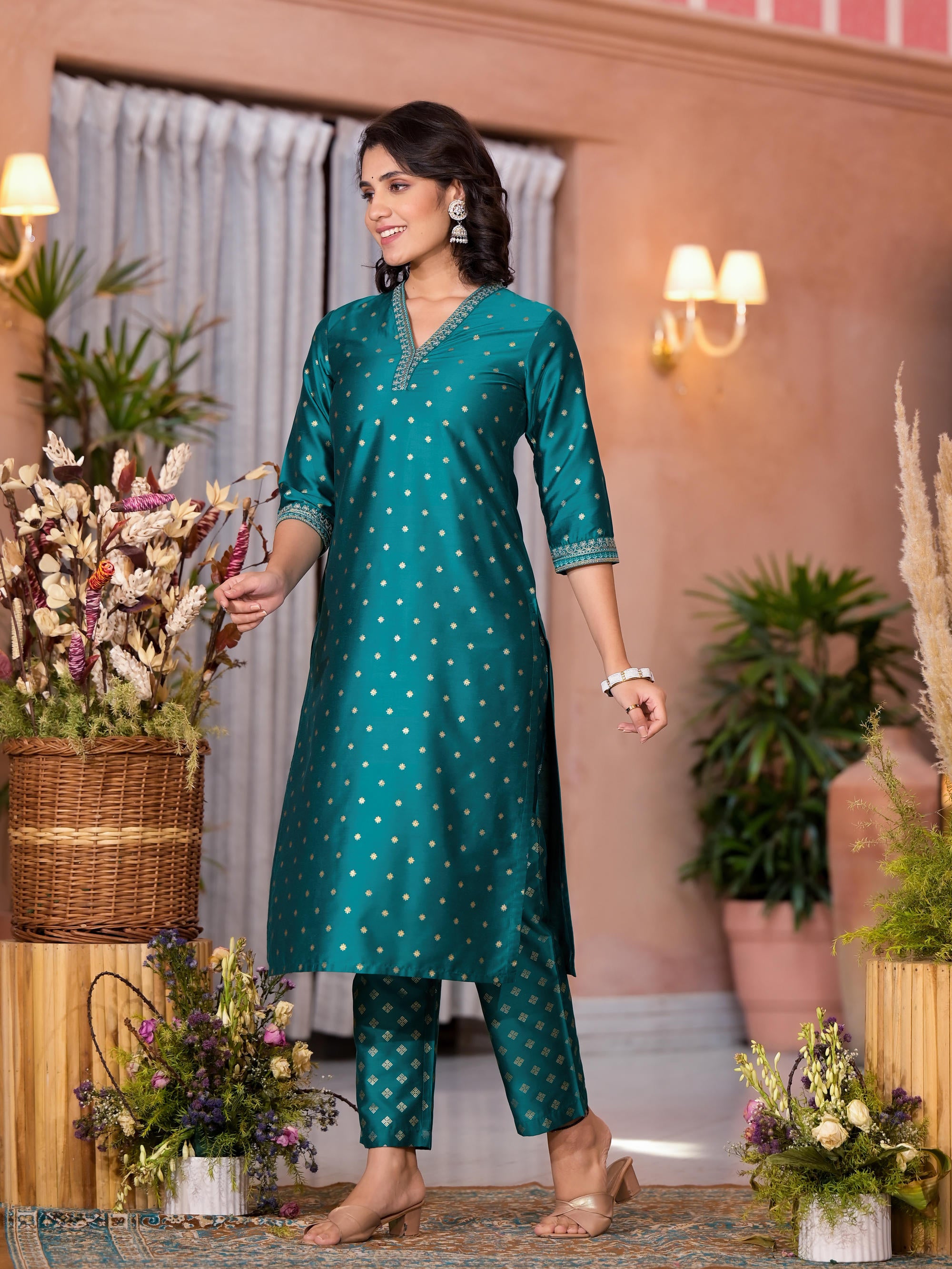 Rama Green Ethnic Motif Printed Cotton Kurta Pant And Dupatta Set With Zari Work